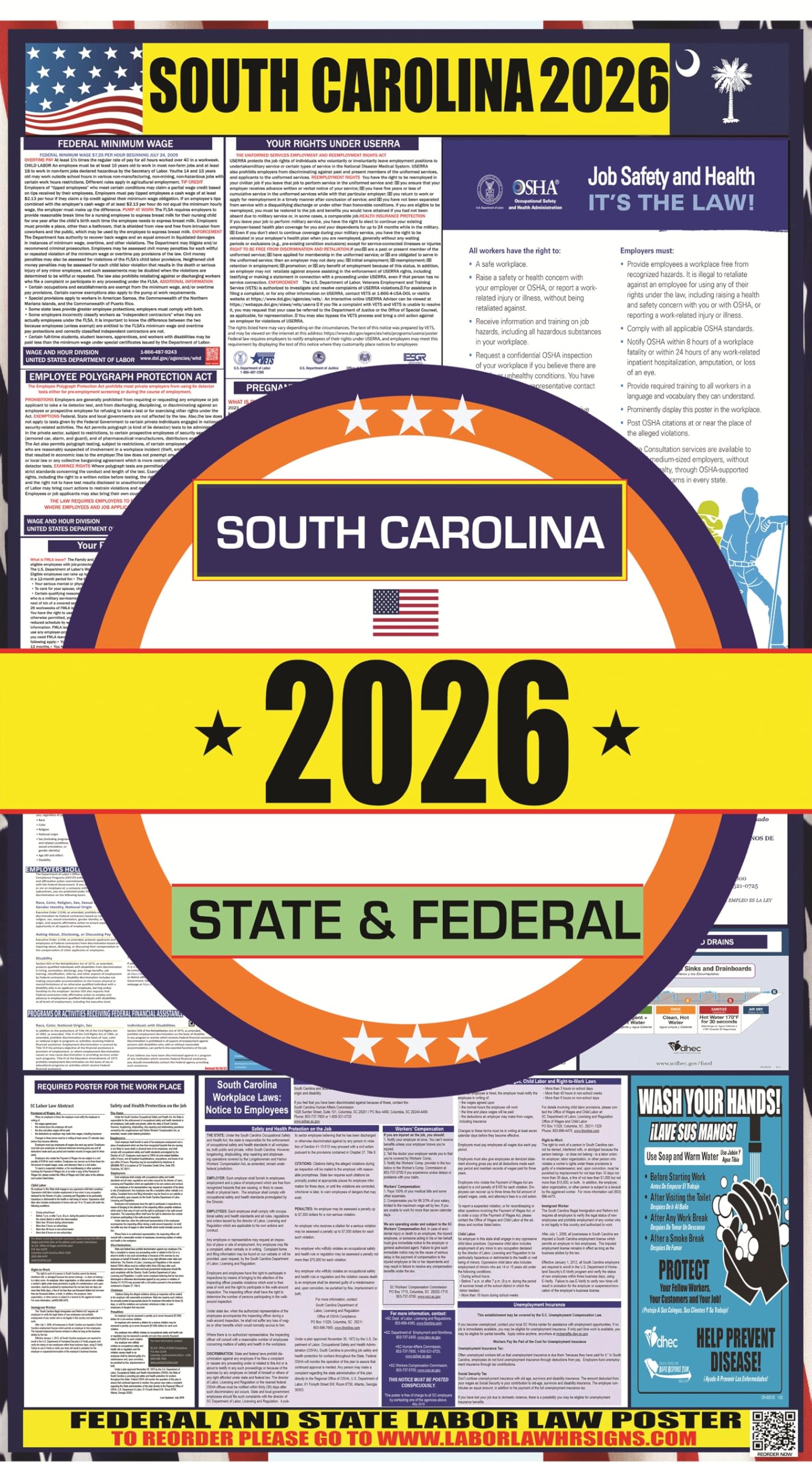 2026 South Carolina (SC) State Labor Law Poster - State, Federal and OSHA Compliant Laminated Poster - Ideal For Posting In The Workplace - Easy to