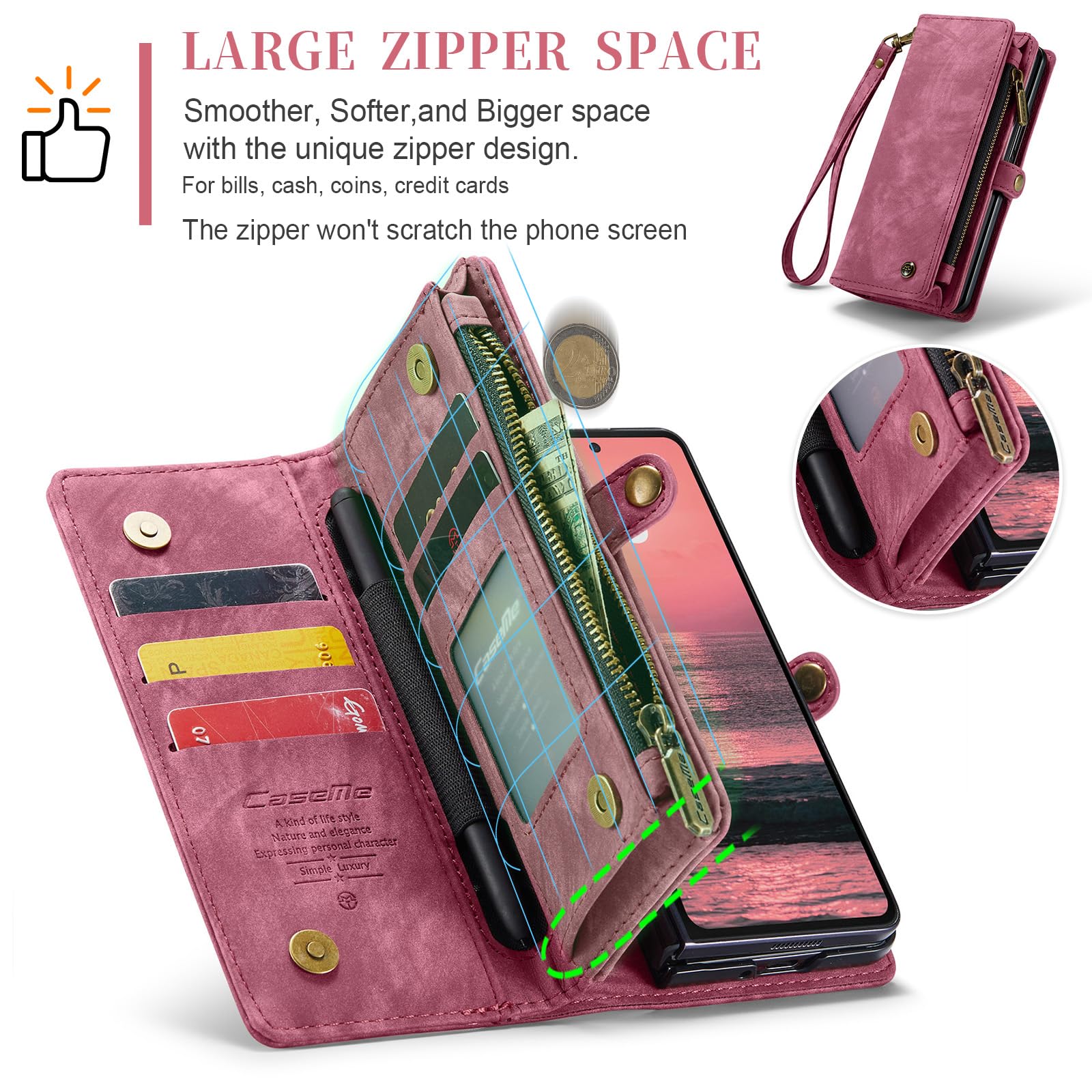 UFinetech Z Fold 6 Case, Shockproof Card Holder Flip Zipper Slots Wallet Cover for Galaxy Z Fold6 Case, Built-in S-Pen Holder - Image 3