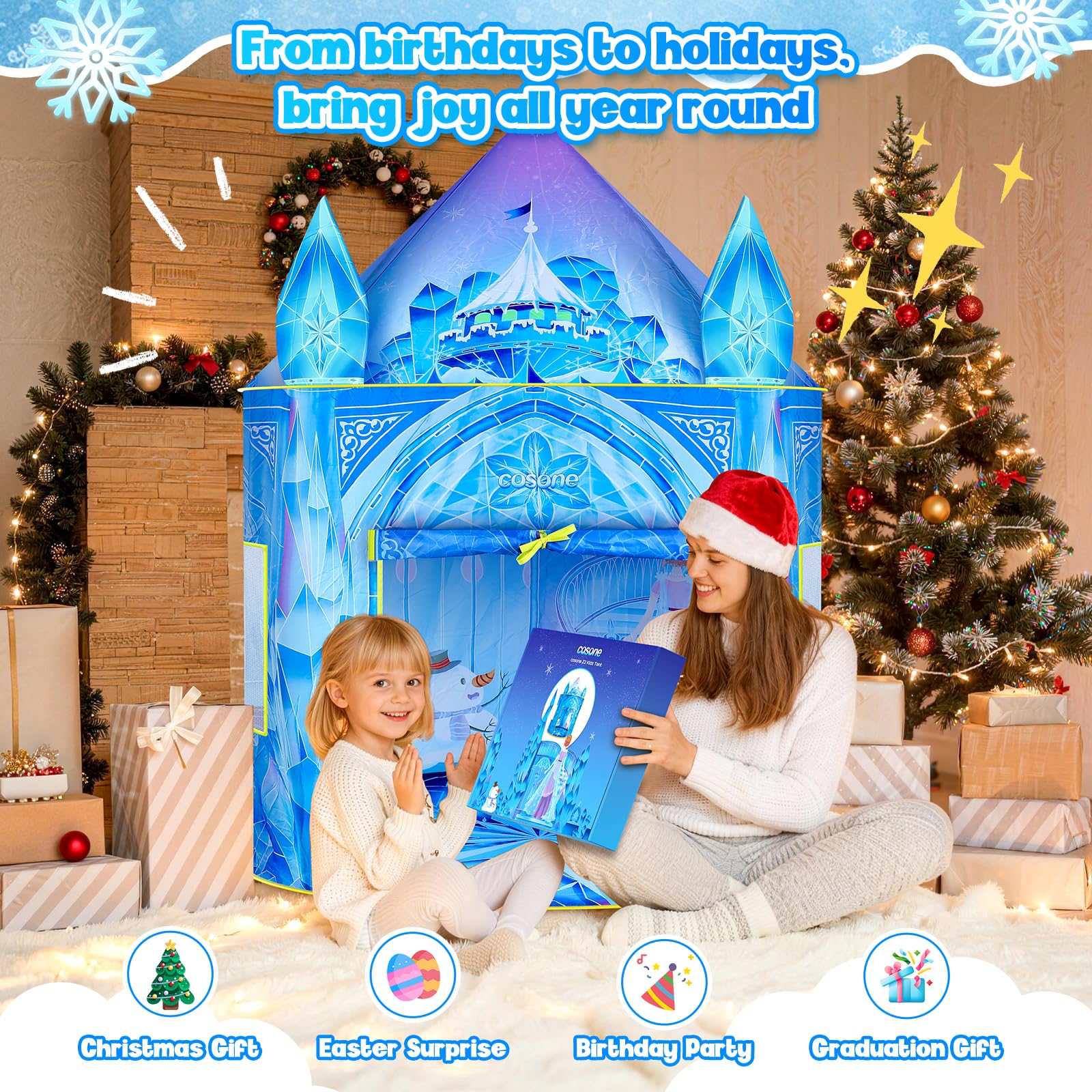 cosone Frozen Schloss-Zelt für Mädchen, Prinzessinnen-Spielzelt für drinnen und draußen Pop-Up Kinderzelt mit Tragetasche von 3-8 Jahren Weihnachts- und Geburtstagsgeschenk