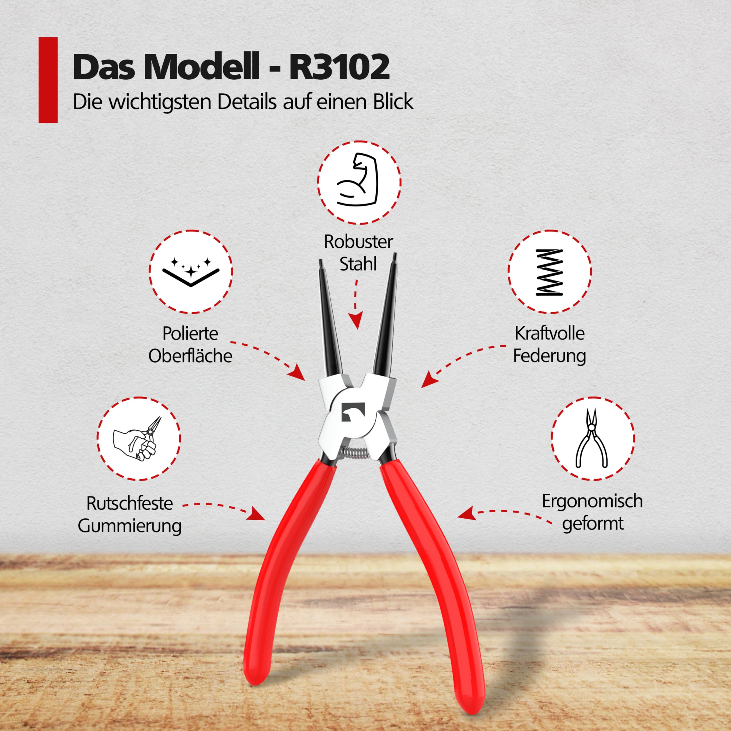 RAVN HAMAN 4 x Sprengringzangen 175 mm Rot - - Sicherungsringzangen mit präzise geformten Zangenspitzen - - Sicherungszangen mit abrutschhemmenden Griffen - - Seegeringzangen in Aufbewahrungstasche