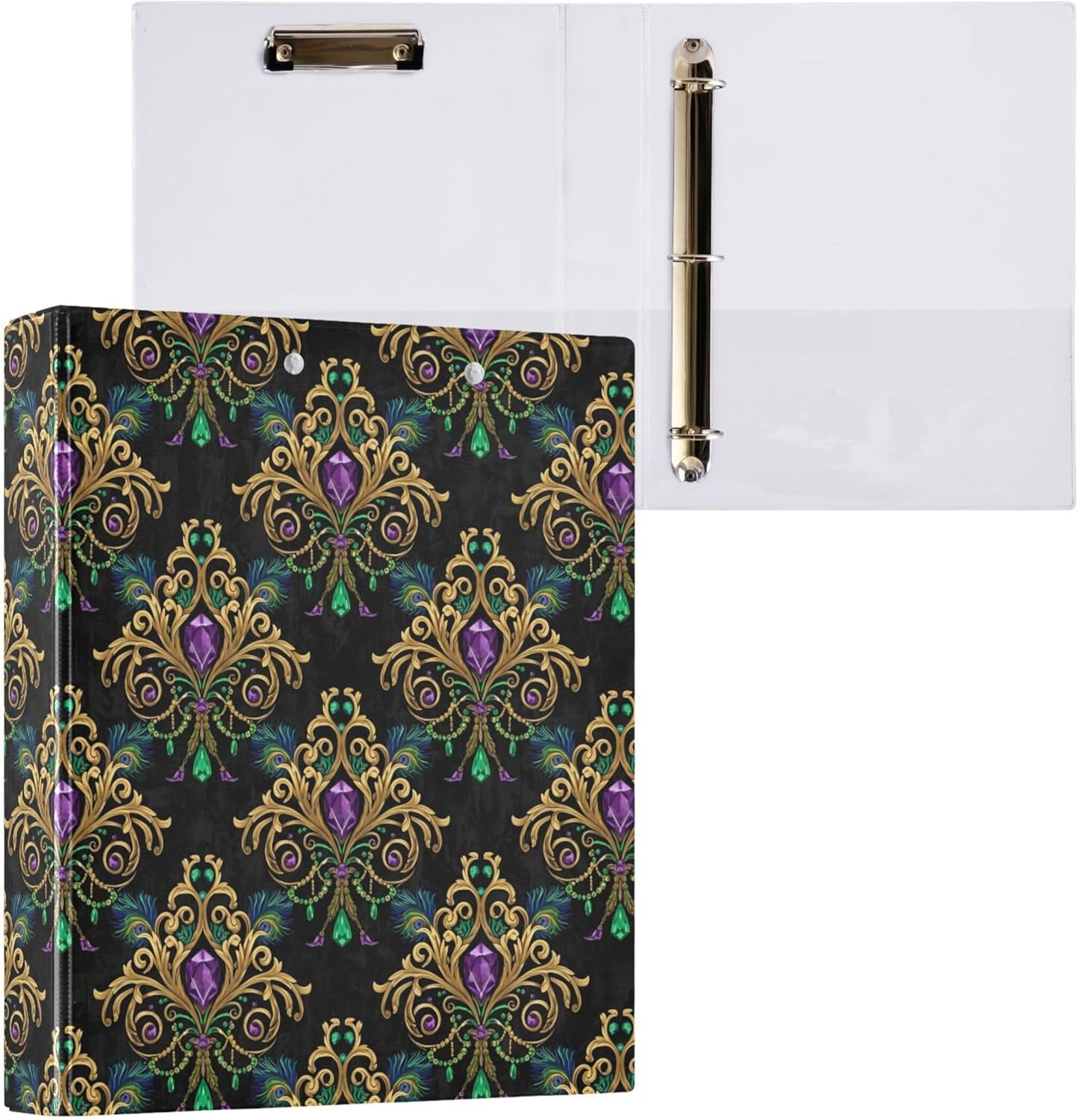 Fleur De Lis Mardi Gras 3 Ring Binders, 1.5” Round Ring Binders with Clipboard - Letter Size, 3 Interior PVC Clear Pockets & Anti-Slip Clip for Office School Supplies, 2PCS