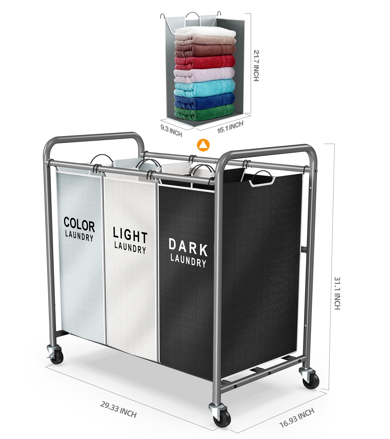 ROMOON Organizador de ropa sucia, cesta de lavandería de 3 secciones con ruedas, cesta de lavandería rodante con gran capacidad y bolsas extraíbles para almacenamiento de ropa, multicolor