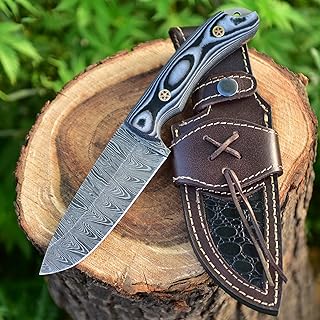 9.5" Overall Length Handmade Damascus Steel Fixed Blade Knife For Hunting, Skinning With Micarta Handle And Leather Sheath M-182 - BG Knives