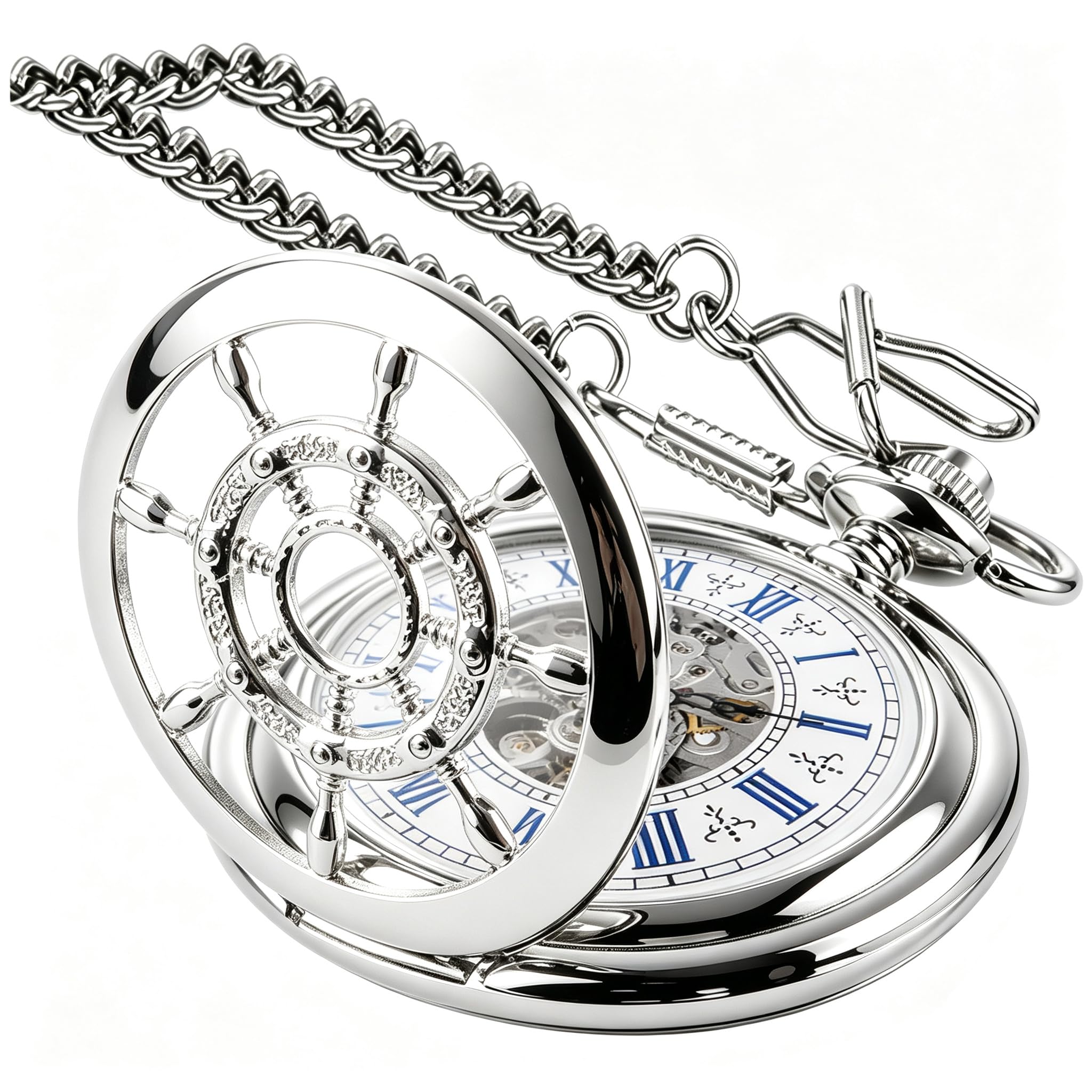 Men's Mechanical Hollow Rudder Design Hand Wind Pocket Watch Roman Numerals Steampunk with Chain Box