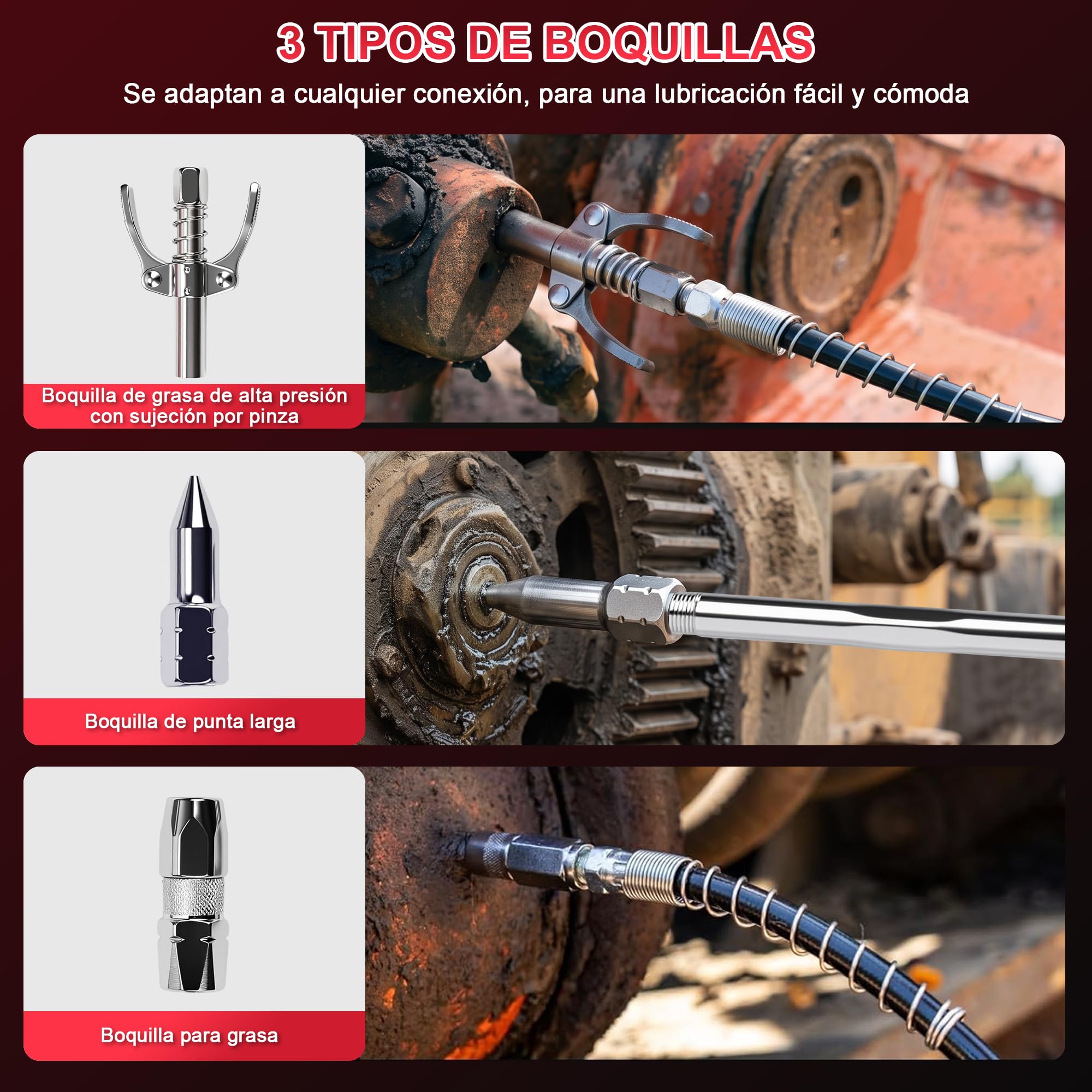 12000PSI Engrasadora Batería, con 2xBaterías 1500mAh, Motor Brushless | 3 Velocidades, Manguera de 1m y Luz LED, Kit de Pistola de Engrasar Eléctrica para Equipos Pesados