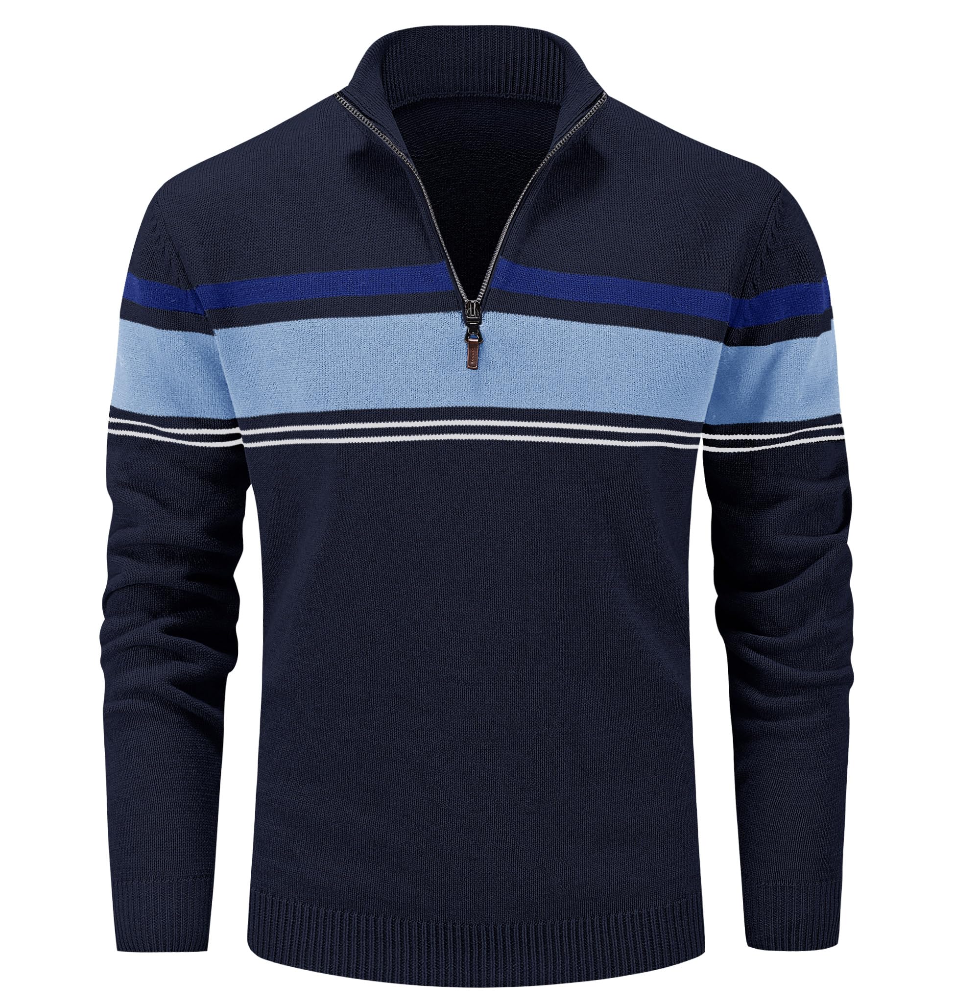 MAGCOMSENMen's Winter Sweaters 1/4 Zip Up Casual Striped Pullover Polo Sweatshirts, Navy Lack Blue, XL