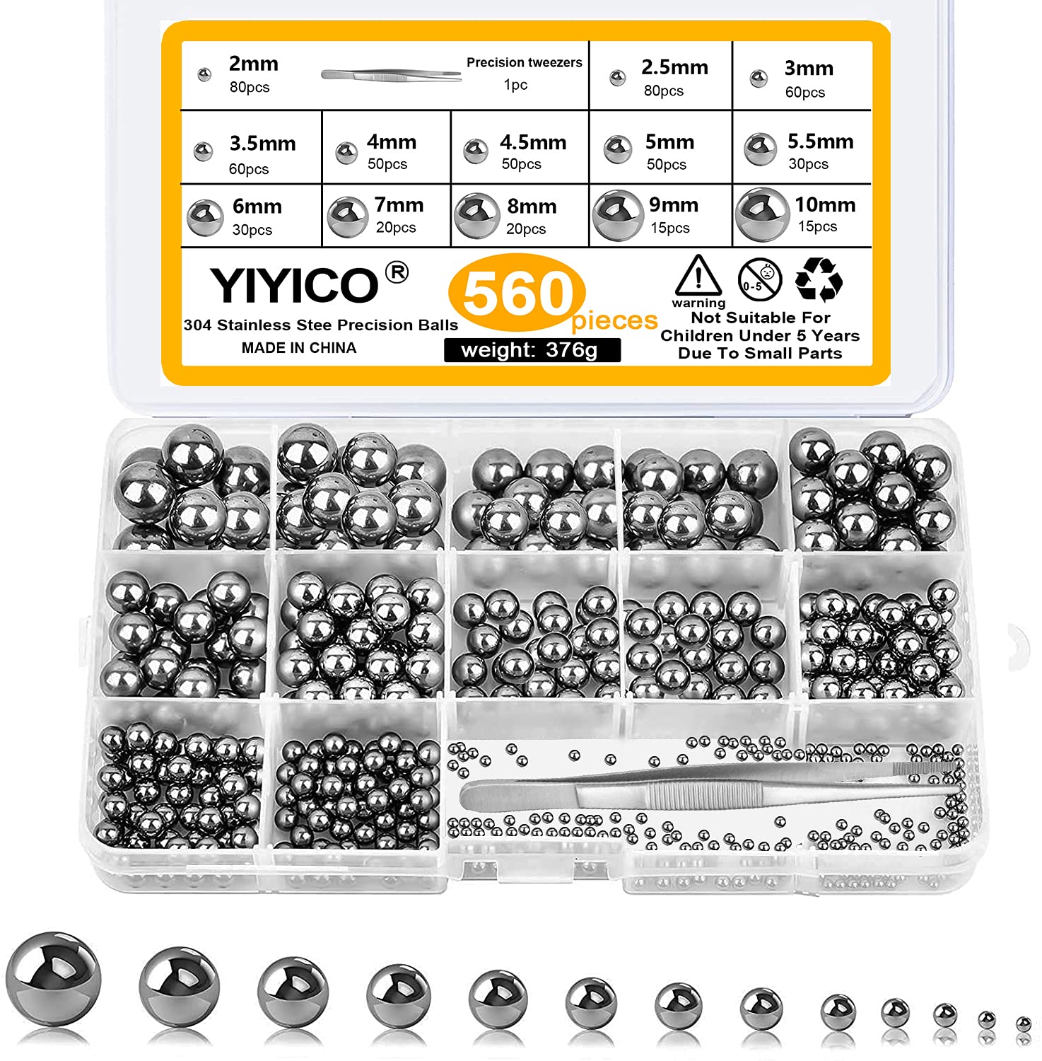 Set 500 Cuscinetti A Sfera In Acciaio Al Carbonio - 11 Misure Diverse, Per Bici, Meccanica E Hobbistica