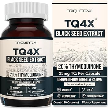 كبسولات مستخلص زيت بذور الثيموكينون السوداء بنسبة 20% - تركيز الثيموكينون القوي TQ-Advanced 4X متوفر - 601 مركز من Nigella Sativa، شكل خام، نباتي، زجاجة زجاجية 120 كبسولة