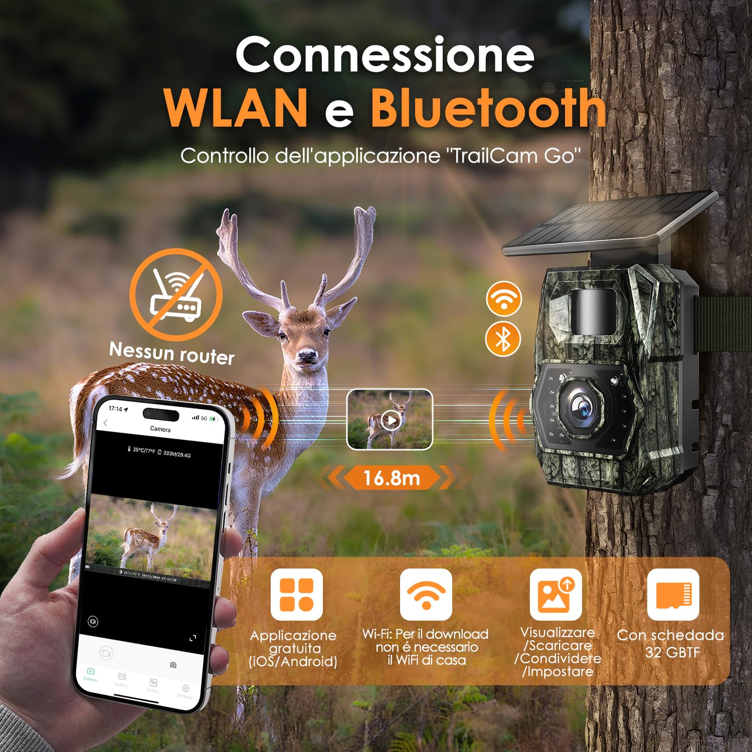 Fototrappola Notturna Fototrappola con Pannello Solare, Wifi Bluetooth Fototrappole con Batteria Ricaricabile da 5200mAh, 48MP Foto Trappola per Animali & Videosorveglianza IP66 Impermeabile, 0.1s