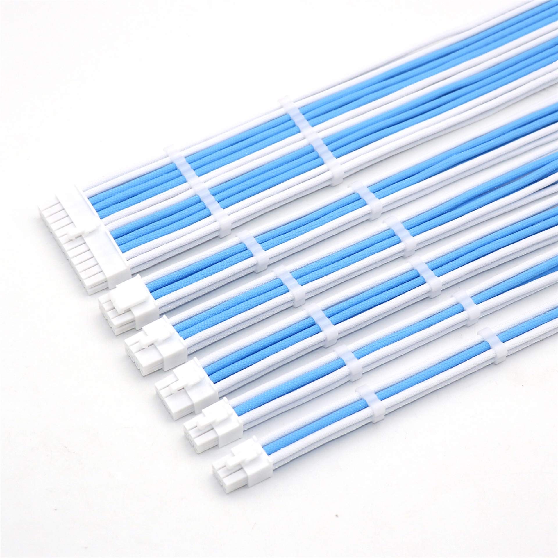 Angitu Customization 4mm PET Sleeve Extension Power Supply Cable Kit 6Pcs 30CM Cables 18AWG ATX/EPS/8-pin PCI-E/6-pin PCI-E (White & Aqua Blue)