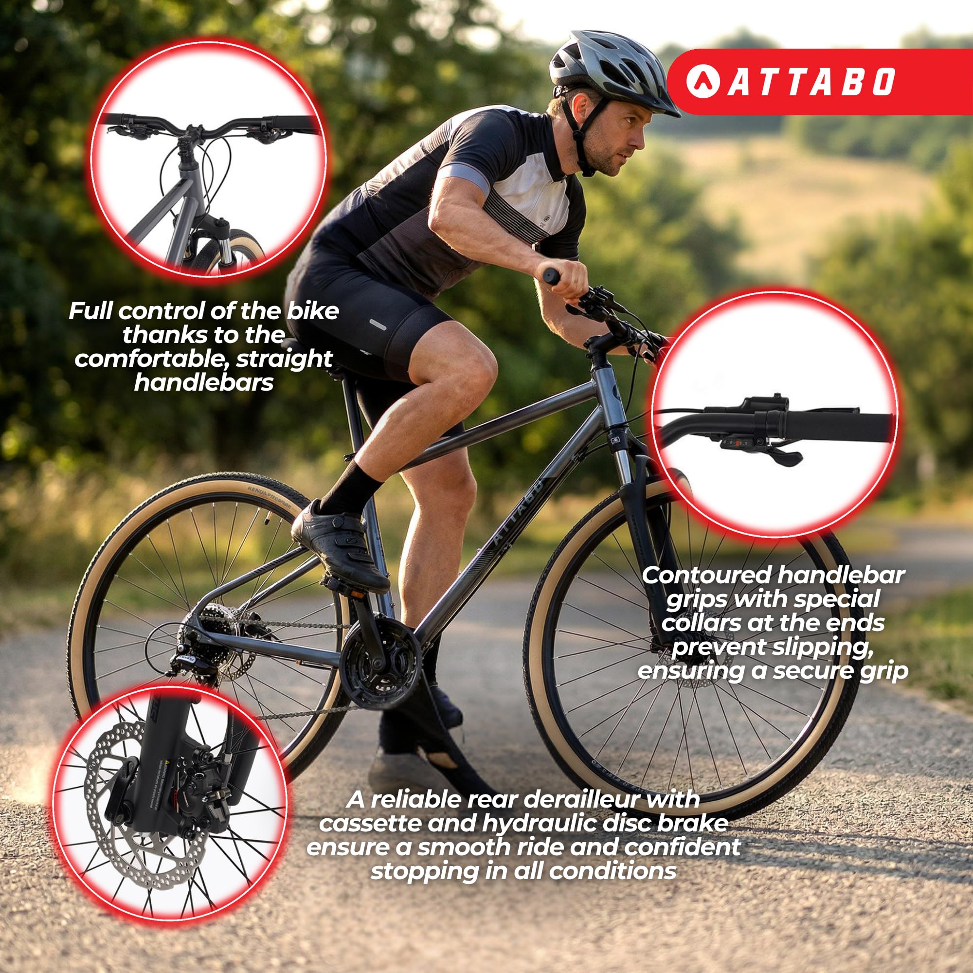 ATTABO SANO 3.0 męski rower crossowy 28 cali do jazdy na ulicy i żwirze | Aluminiowa rama, 24 biegi, amortyzowany widelec SR Suntour i hydrauliczne hamulce tarczowe Shimano