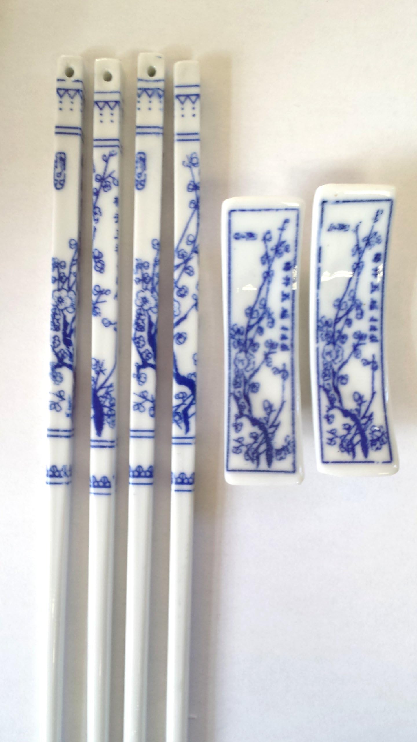 Set of Porcelain Chopsticks with Matching Rest Fired with Small Cobalt Blue Floral Design Service for 2