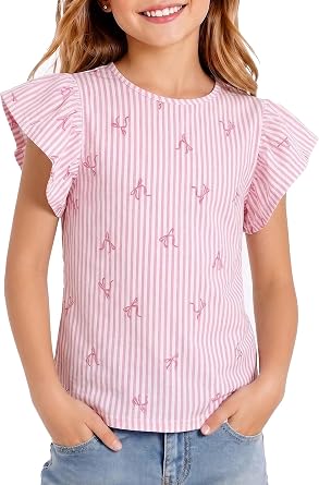 Girls Summer Shirts Cute Tops Ruffle Sleeve Crew Neck Casual Tees