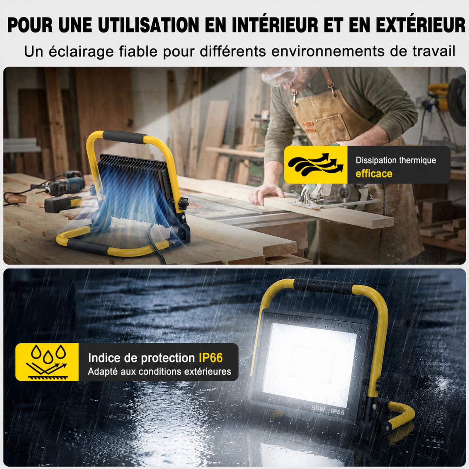SOARFLY projecteur led chantier 50W, 10000LM, IP66, interrupteur