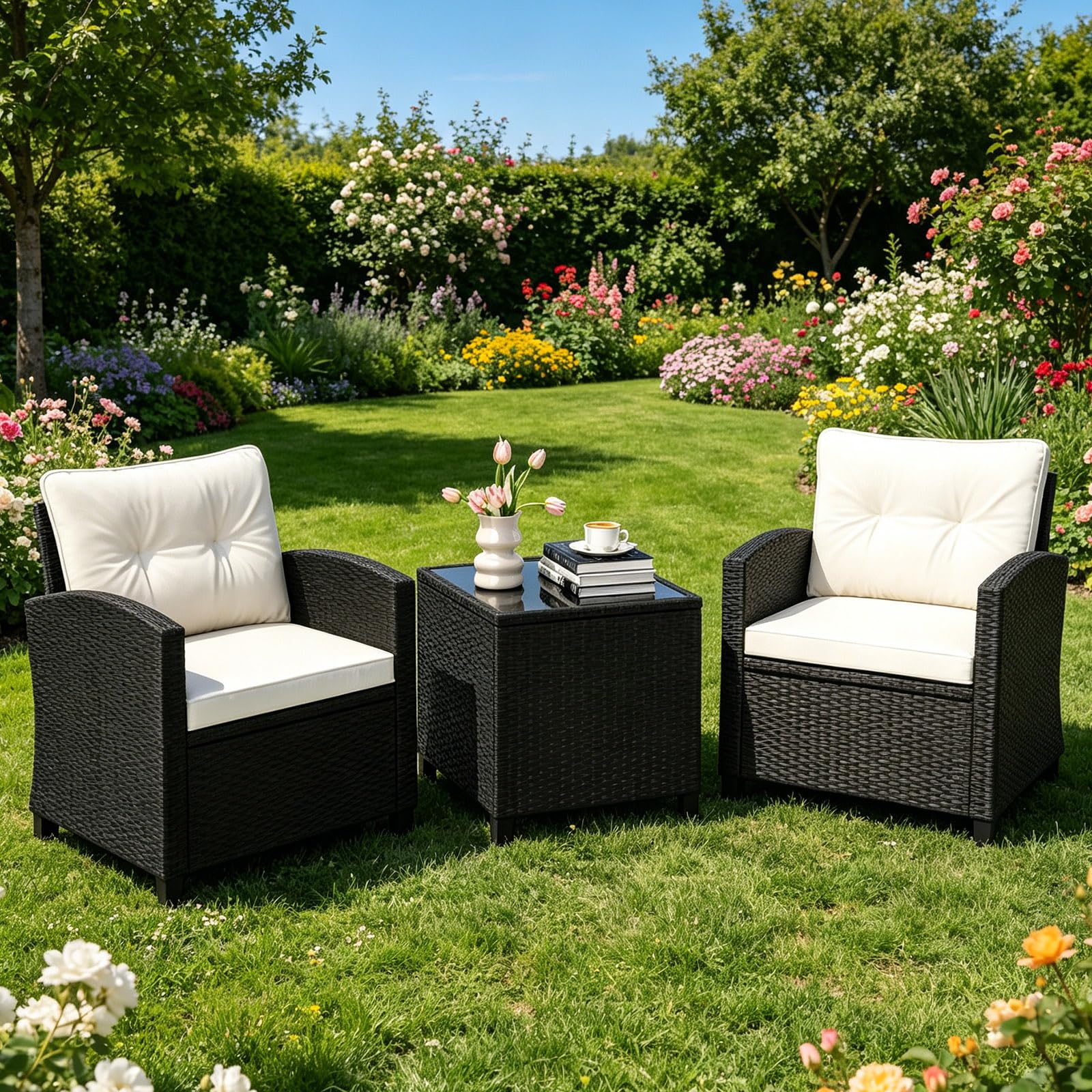 GIANTEX Set da Mobili da 3 Pezzi, Sedie da Giardino con Tavolino da Caffè con Piano in Vetro Temperato, Cuscini per Schienale e Sedile, Set Bistro in Rattan PE per Portico (Bianco)