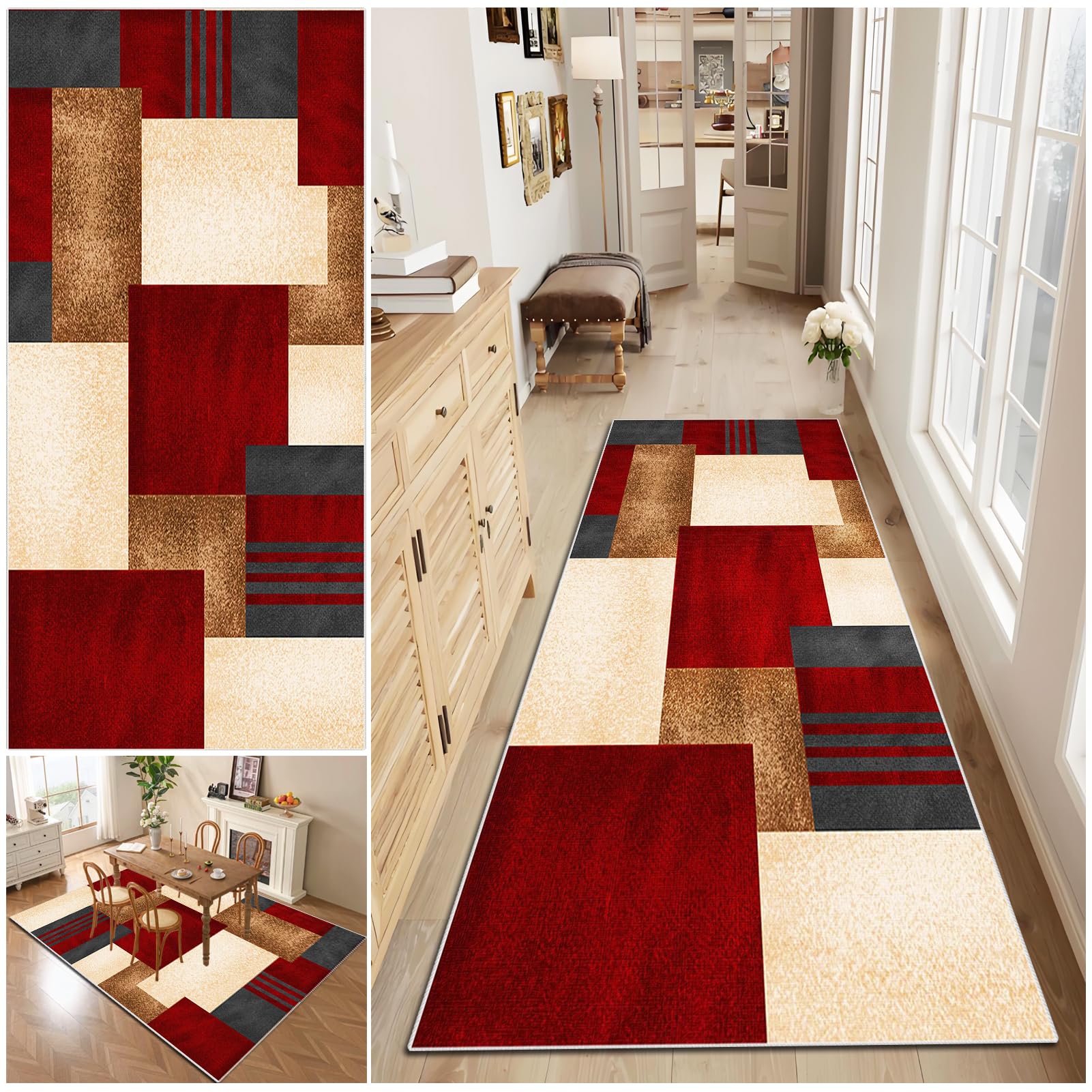 Läufer Teppich für Flur Lang rutschfest Küchenläufer Teppich Läufer für Küche Waschbar Teppichläufer Flur 100 x 250 cm Teppich Innen Küchenteppich für Eingang Schlafzimmer Rot