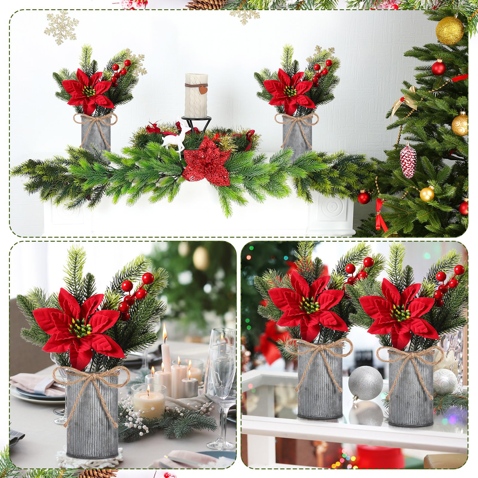 Tioncy Lot de 12 poinsettias artificiels pour table de Noël avec vase en métal - Pics à fleurs de houx rouges - Tiges de pin - Arrangements floraux artificiels pour la maison, la table de fête