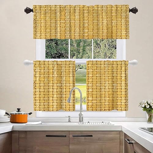 Miniatura 8 de Shrahala Cenefas de cocina con textura de lino amarillo de imitación, textura tejida de yute, cortina de media ventana, tratamiento de ventana