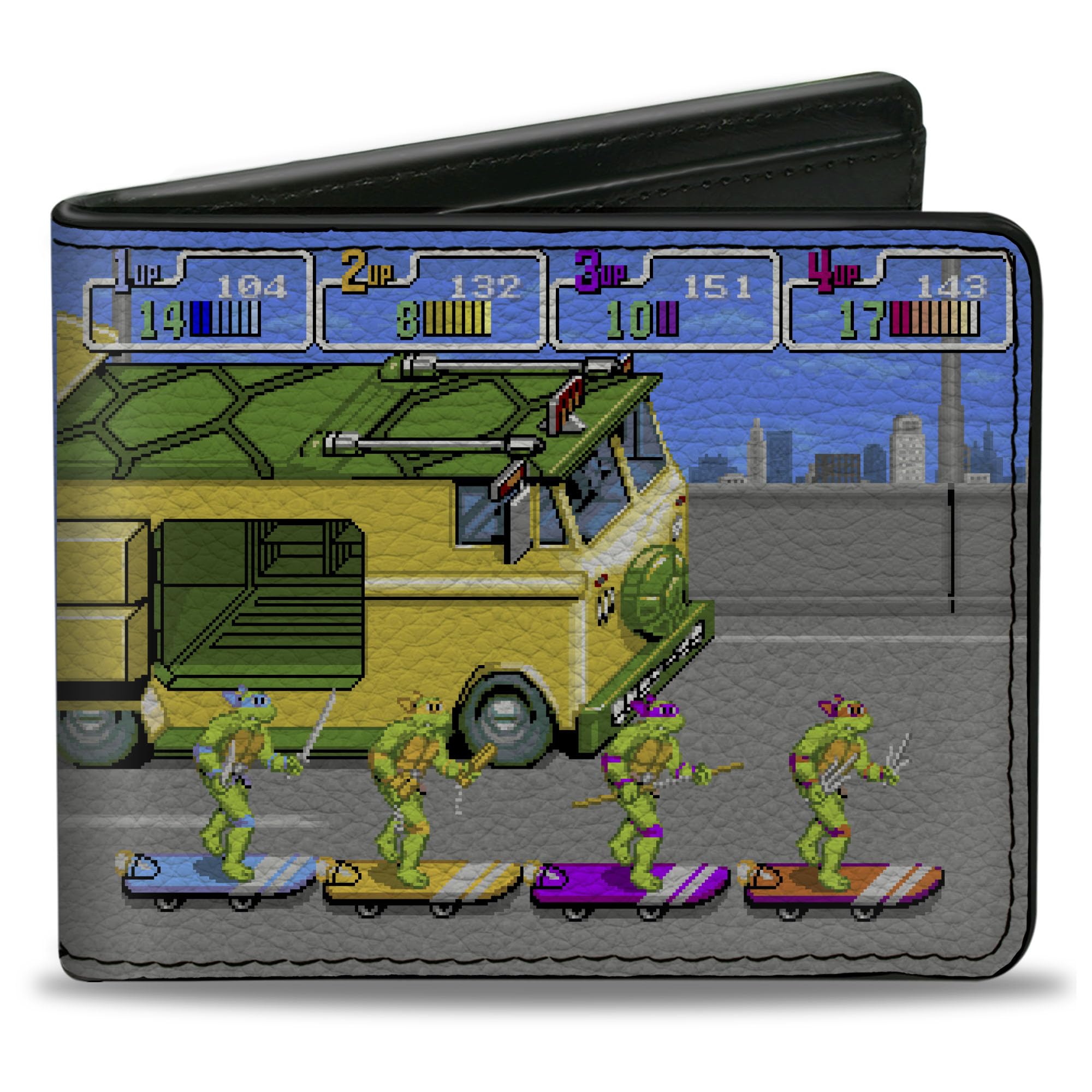 Buckle-Down Nickelodeon Bifold Wallet with Standard Billfold and Card Slots, Teenage Mutant Ninja Turtles Skating Party Van Arcade Scene, Vegan Leather