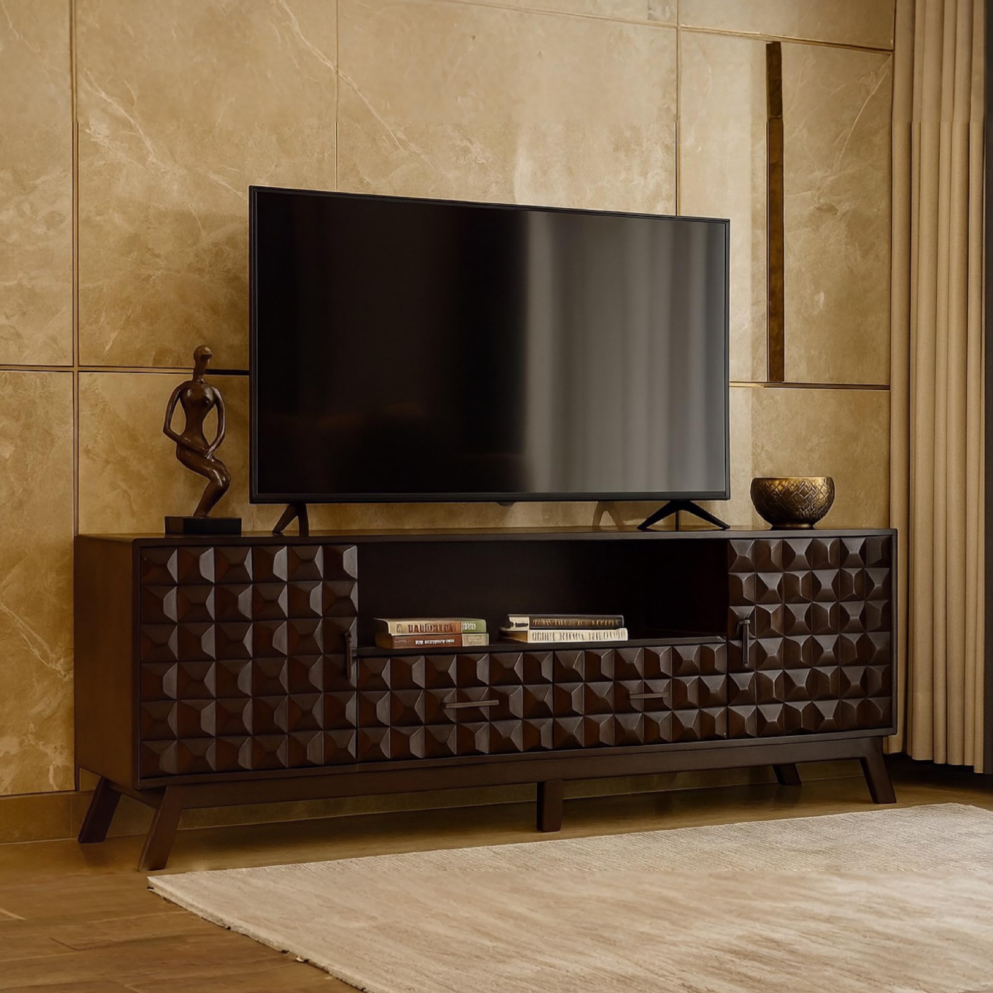 Wooden Slice Handcrafted Sheesham Wood TV Cabinet for Living Room & Bedroom | TV Console with 2 Drawers, 2 Cabinet Doors & 1 Shelf Storage | Solid Wood Entertainment Unit (Walnut Finish)-image-45