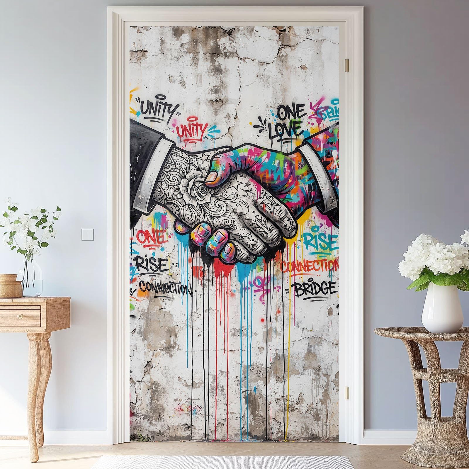 Türtapete selbstklebend blasenfrei | 95 x 215 cm Graffiti Strasse Handschrift Rose Text Farbe | Tür Aufkleber Türfolie | Einteilig | Wasserfest 3D Türaufkleber Klebefolie Türposter Bunt Grau