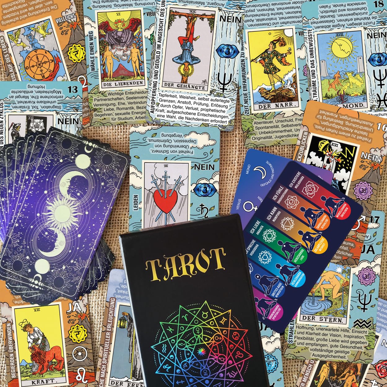 Tarotkarten Deutsch – Tarot Karten für Anfänger mit Bedeutungen auf den Karten – Ja oder Nein, Astrologie, Planeten und Chakren – Kein Handbuch erforderlich (Deutsch)