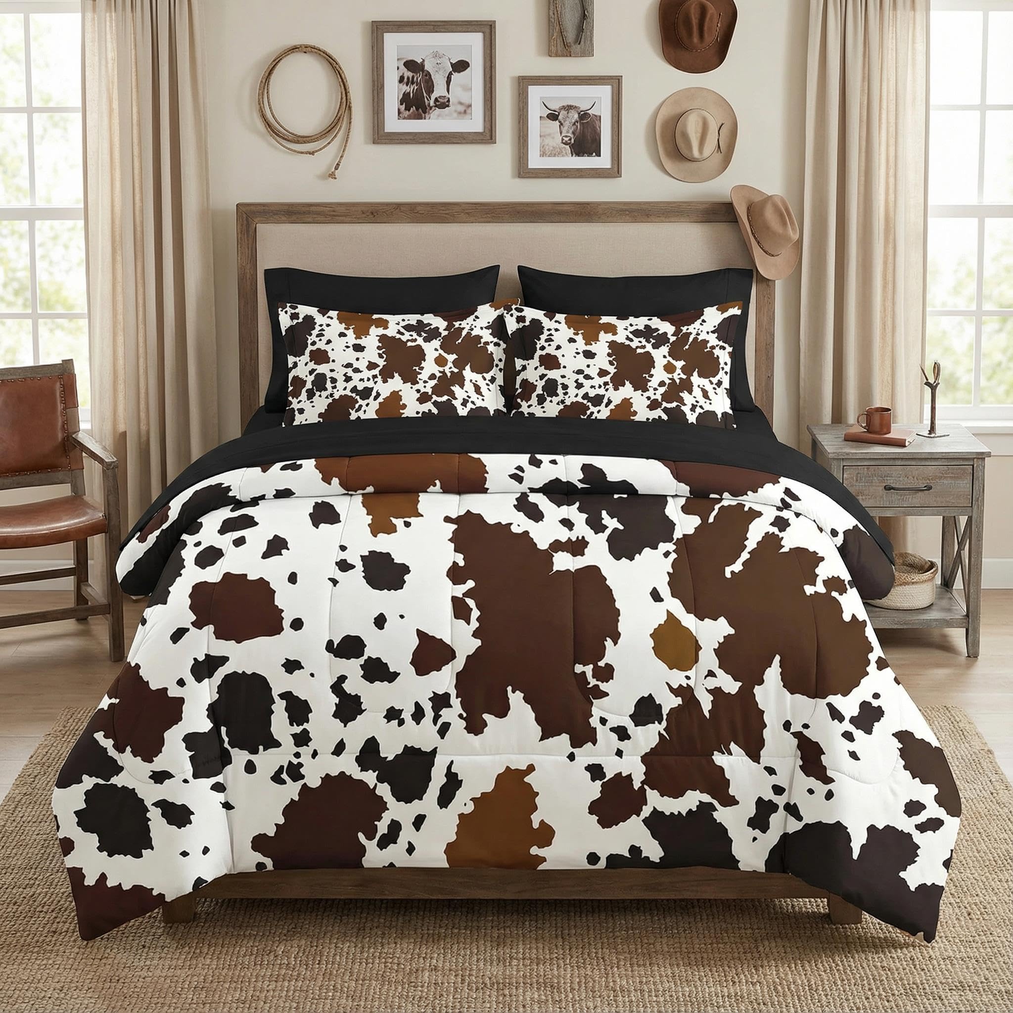 WeCozy 7 Pcs Full Size Comforter Set with 2 Pillowcases & 2 Shams, Brown Cow Cowhide Print Bedding for Kids and Adults, Vintage Western Farmhouse Bed