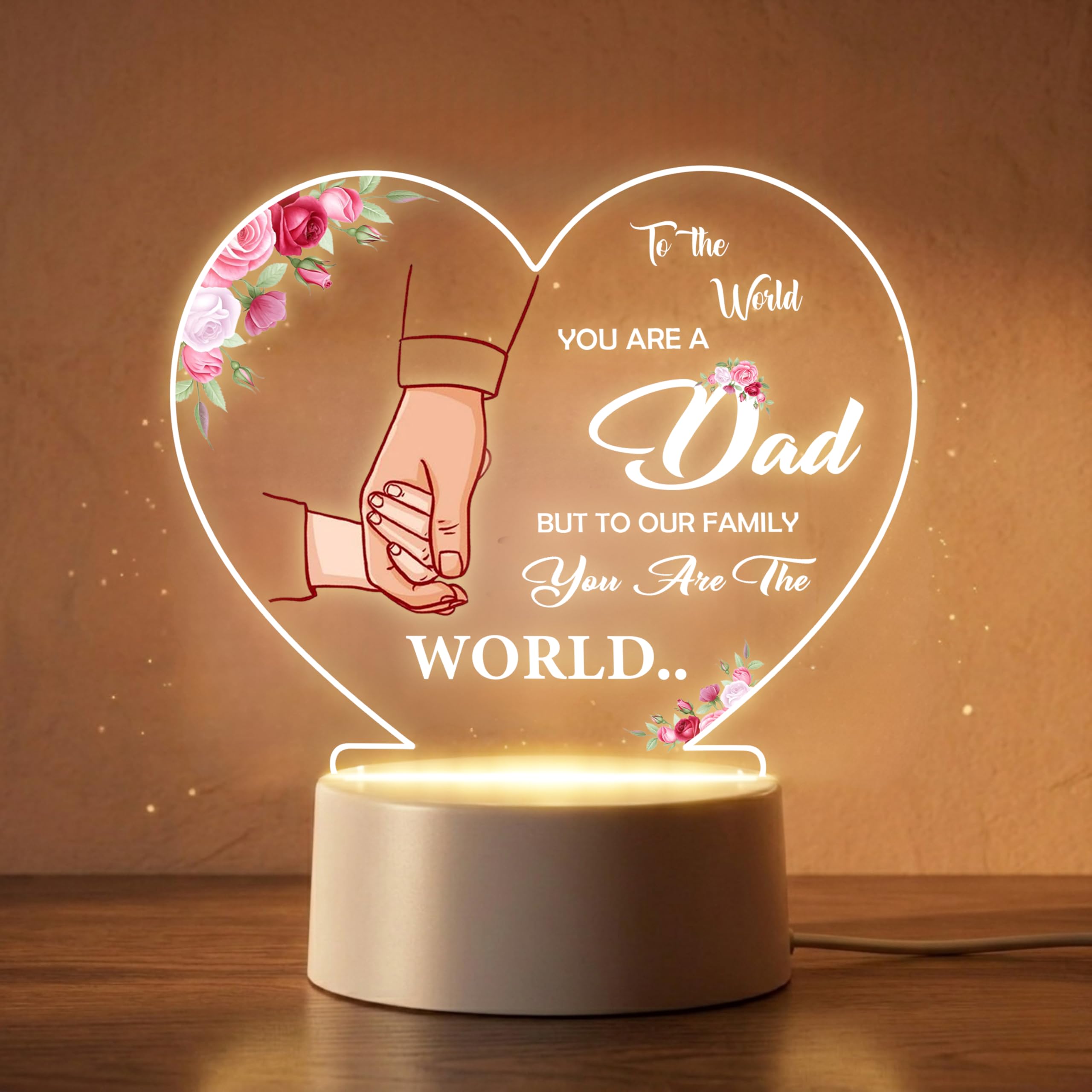 Acrylic LED Night Lamp for Father’s Day | Heart Shape Dad Table Lamp with Family Quote and Floral Artwork | Warm White Decorative Desk Light for Home Decor and Gifting (5.5x5.5 Inch)-image-2