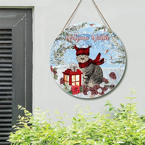 Miniatura 5 de Letrero de corona de flores de Navidad con escena de nieve de invierno, decoración de madera, letrero de bienvenida de gato de Navidad, letrero de