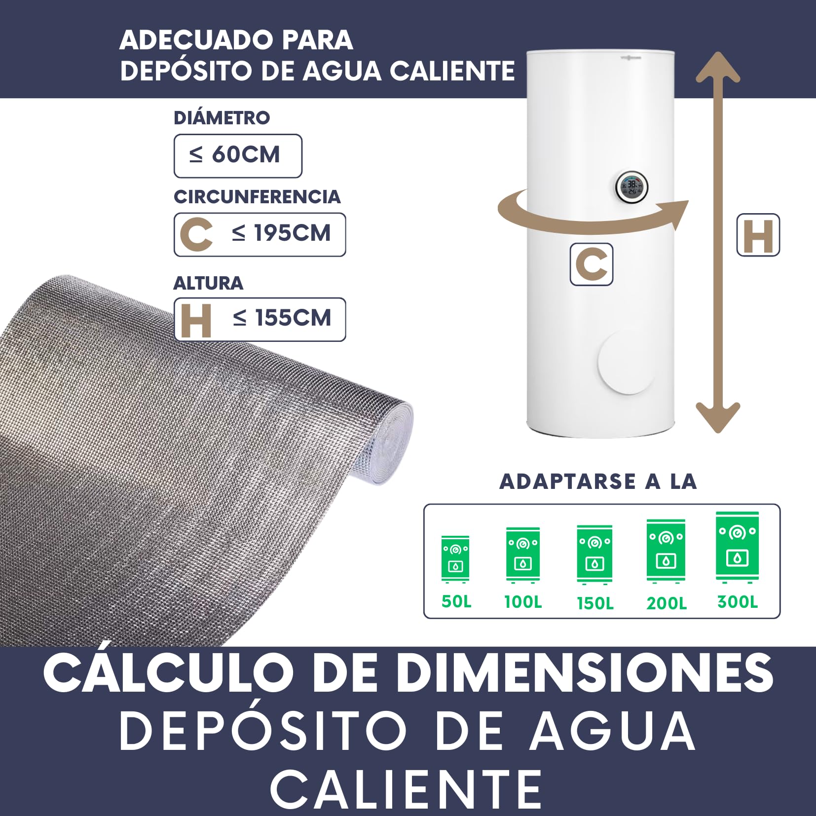 AISLAMIENTO para termos eléctricos hasta 300L – Kit completo con cinta adhesiva doble cara y aluminio – Reduce las pérdidas de calor y ahorra energía