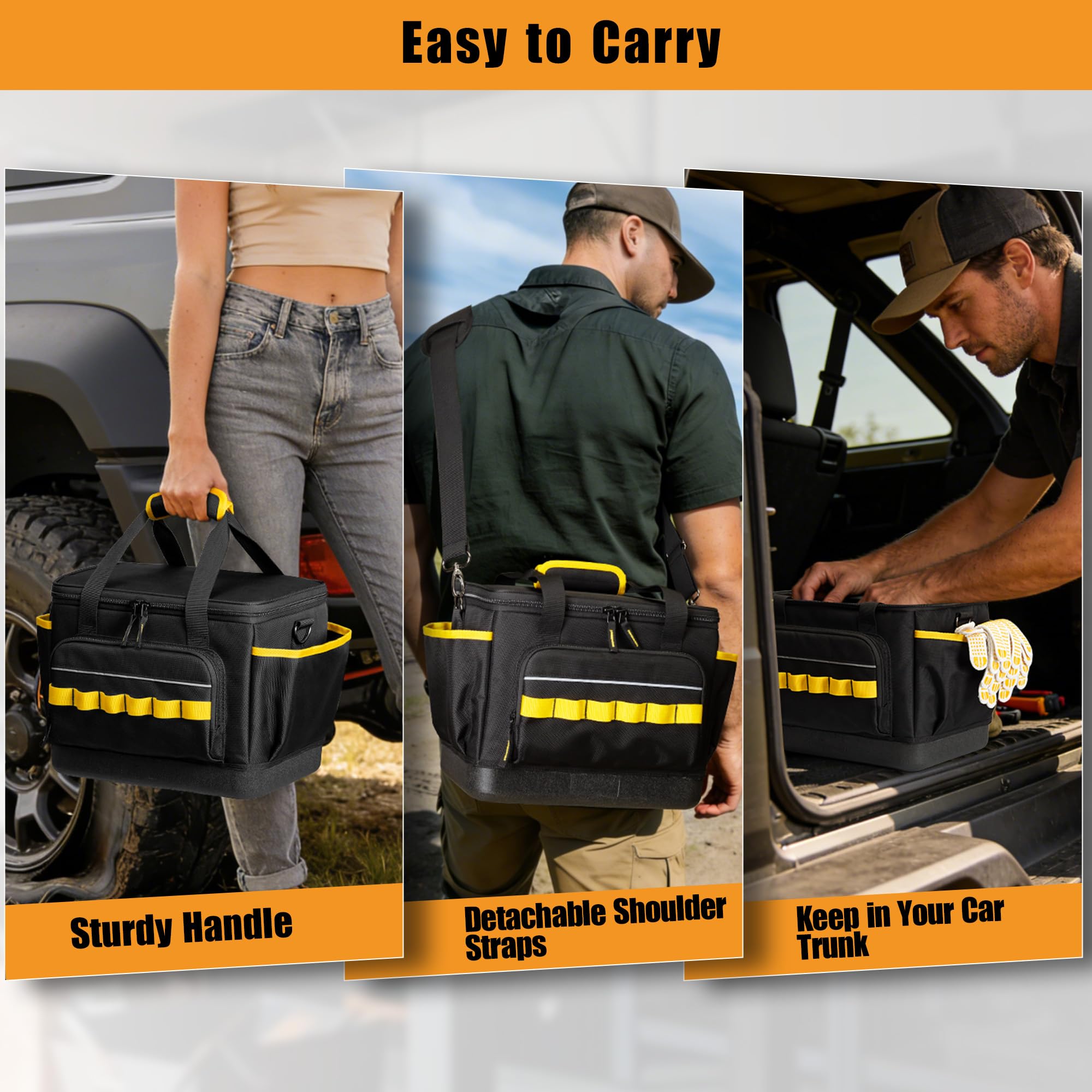 Rexmica 32cm Sac à Outils pour Hommes, avec Base Rigide en EVA/Bandoulière | Organiseur d'Outils Multifonction pour Électriciens, Plombiers, Mécaniciens et Usage Automobile, Noir/Jaune