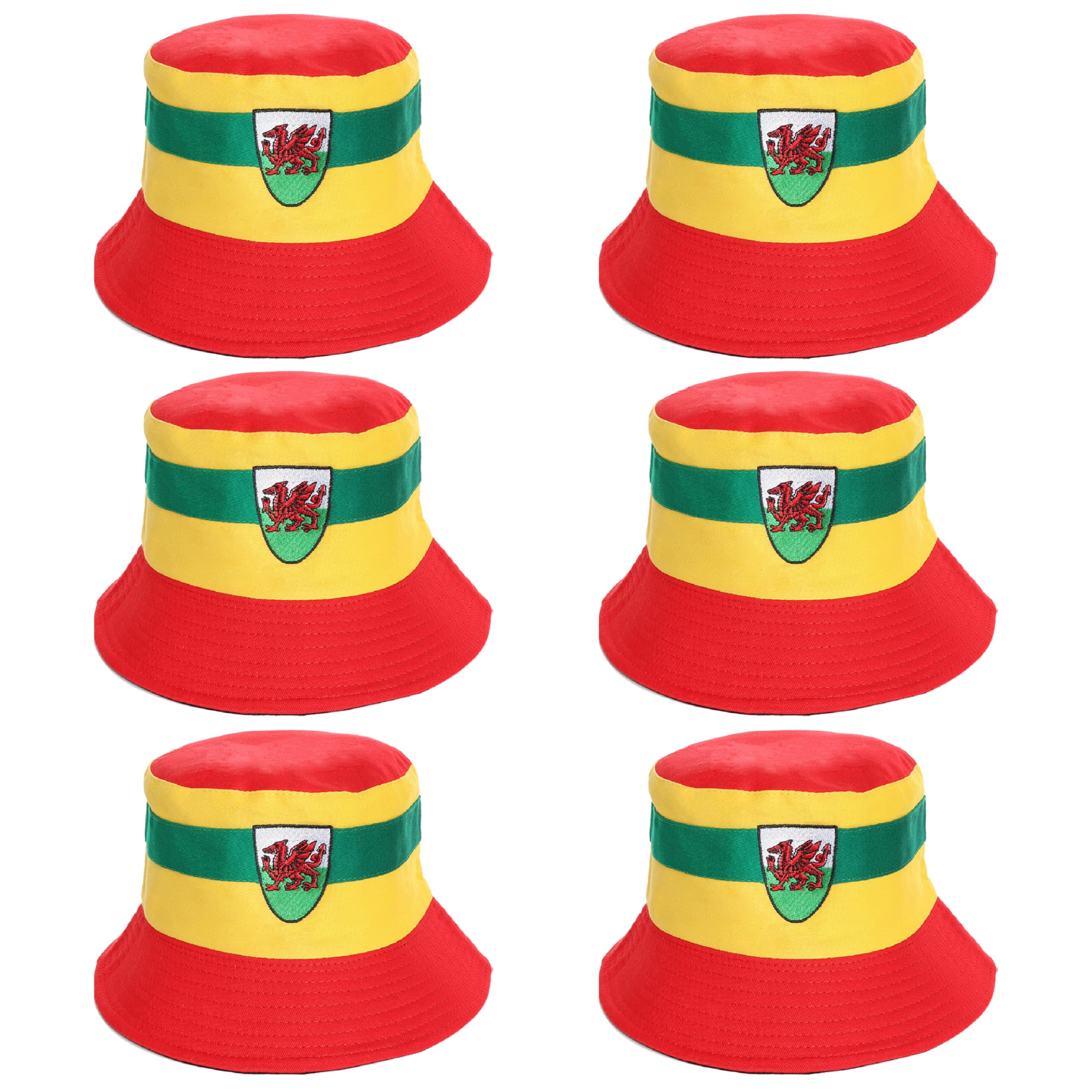 I LOVE FANCY DRESS Reversible Welsh Bucket Hat - 60cm - Pack of 6 Bucket Hats with Welsh Dragon Emblem Design - Wales Football Rugby Sport Supporters Accessory