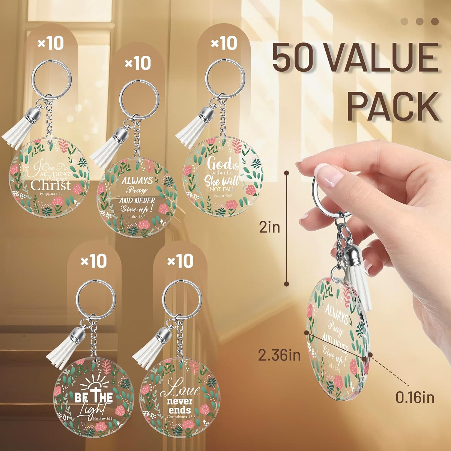 30/50 Pcs Bible Verse Keychains Bulk Inspirational Christian Acrylic Floral Keyrings Religious Gift for Women - Image 2