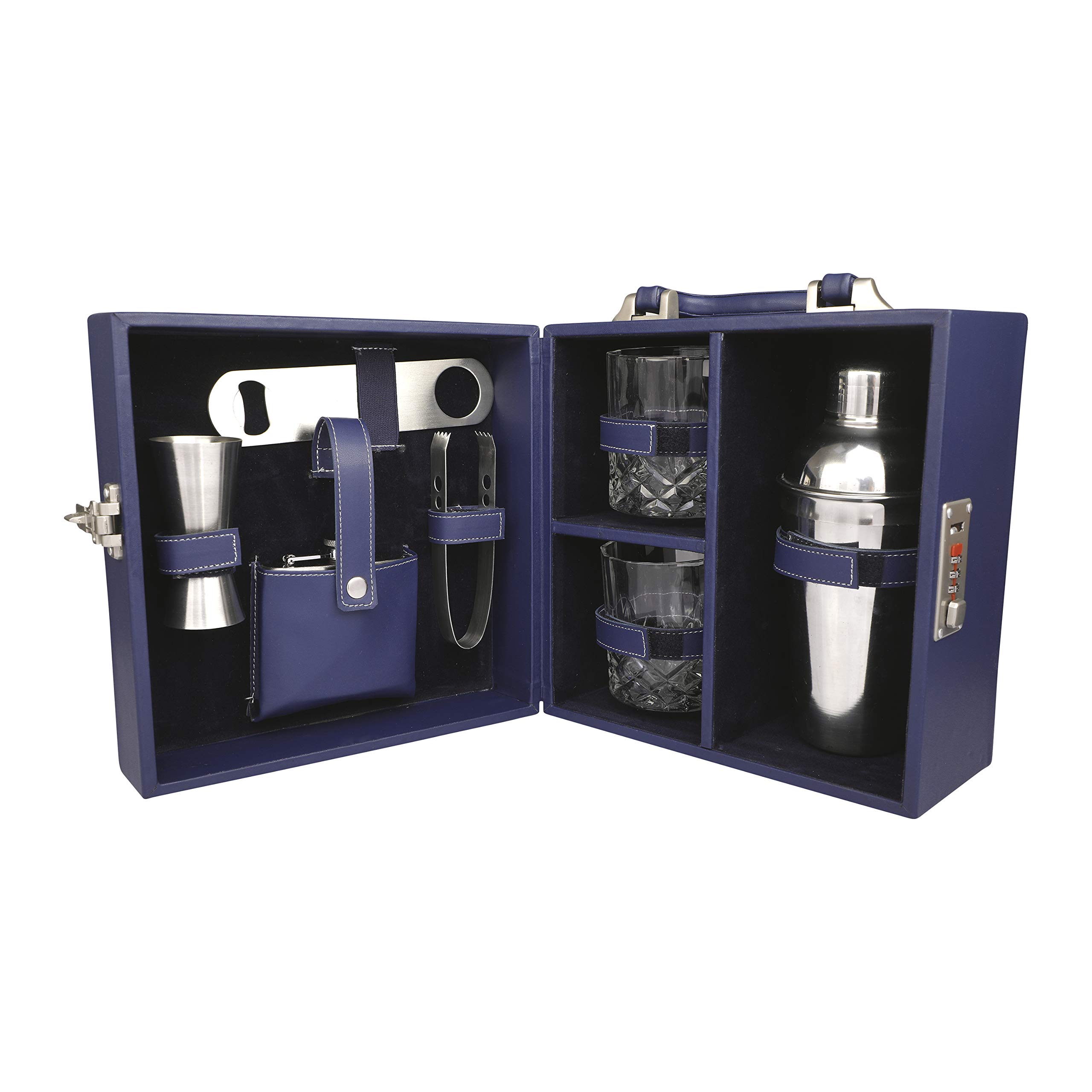Bar Accessories | Mini Portable Bar Set | Leatherette Bar Set | Bar Set | Barware Set for Picnic | Bar Tool Set for Travel | Barware Set for car | Whiskey Glasses (Blue & Blue)-image-8