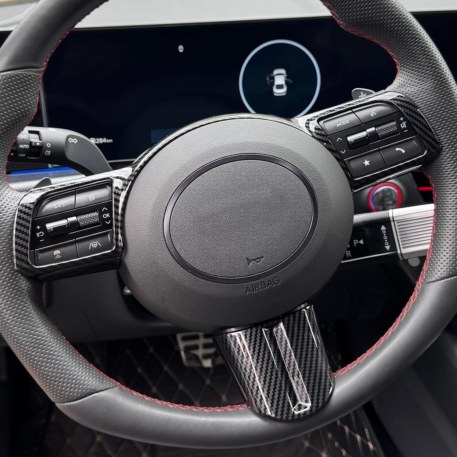 2 PCS Carbon Fiber Car Steering Wheel Frame Cover Steering Wheel Button Panel Protection Frame Compatible with Hyundai Sonata DN8 2024 Accessories【Not Applicable to Sonata N-Series】