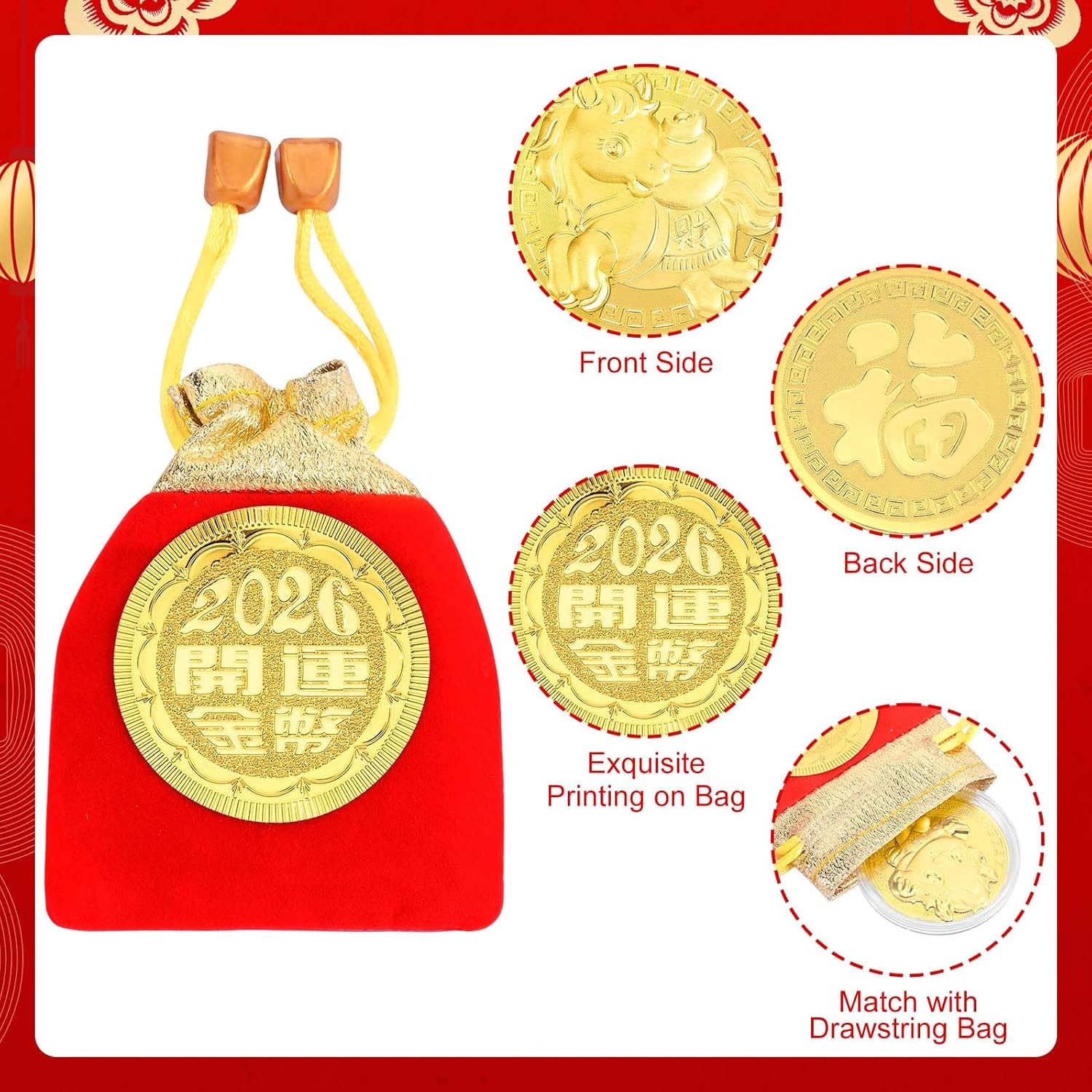 20 Pcs 2026 Chinese New Year Coins Zodiac Horse Souvenir Coin with Chinese Fu Bags for Blessing Health and Wealth Lucky Feng Shui Decorations(Style1)