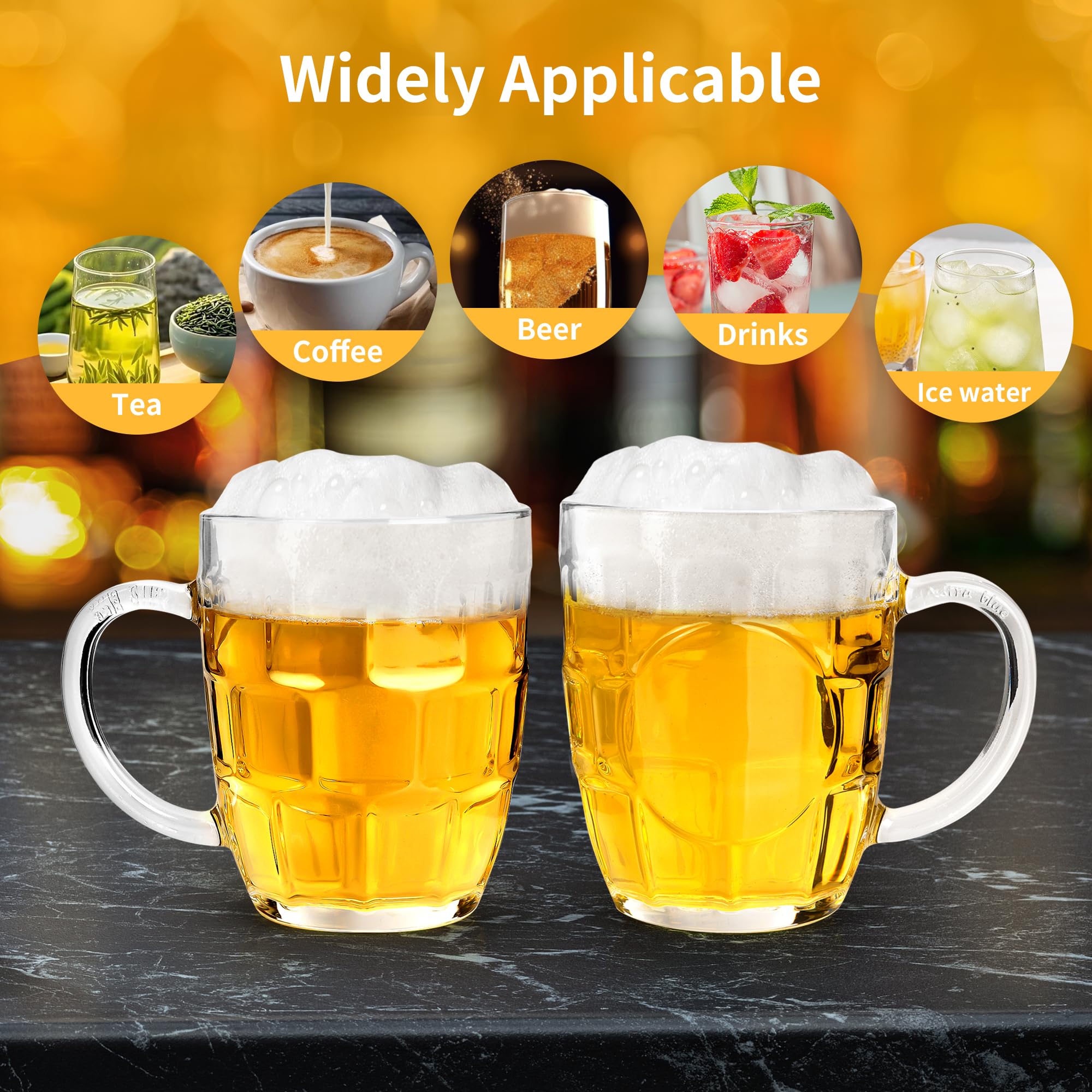 Lot de 6 tasses à bière en verre de 500 ml avec poignée | Tasse à bière pour congélateur, verres transparents pour bières, jus, boissons, thé, bar, maison
