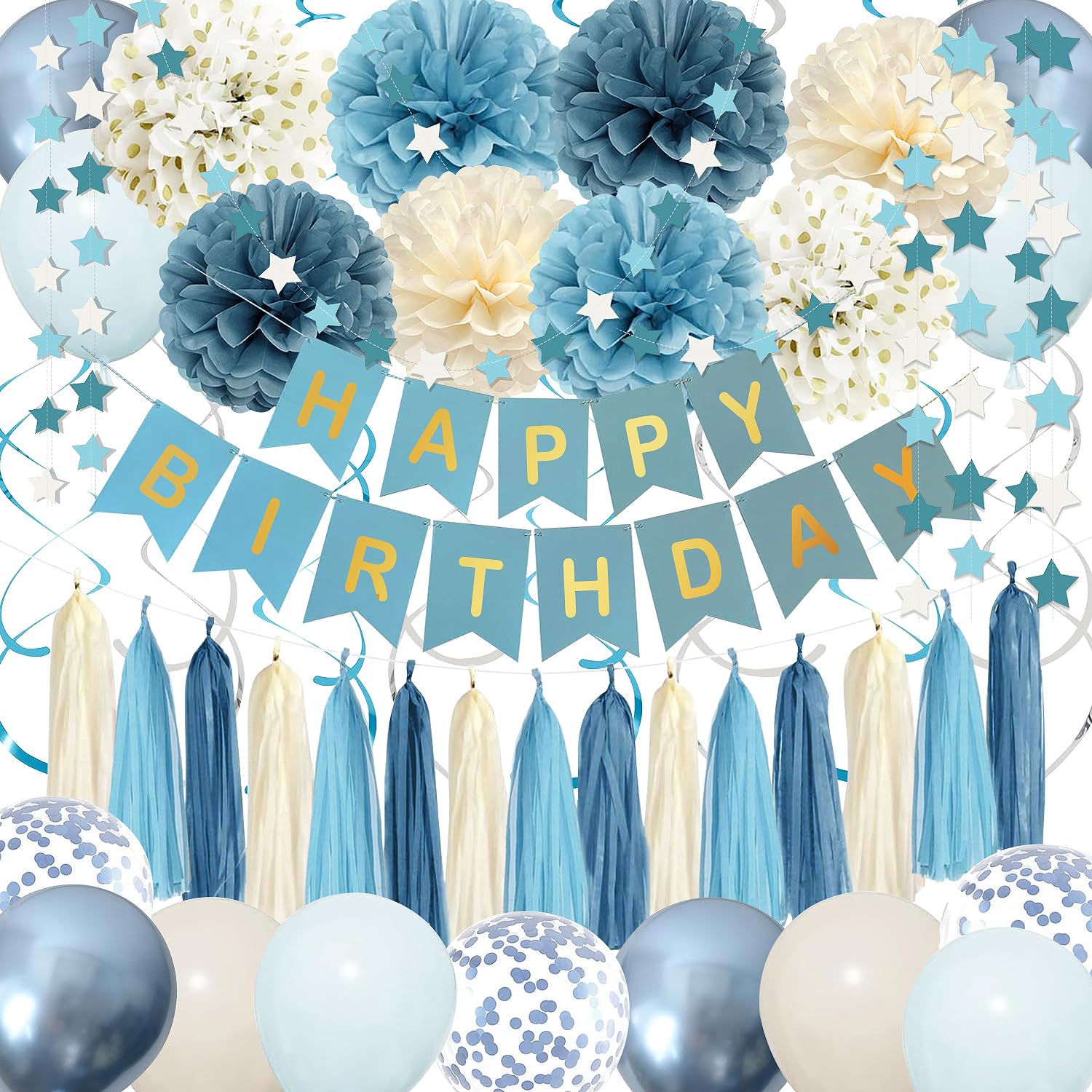 Photo 1 of Dusty Blue Party Decorations with Sand Gold Balloons, Happy Birthday Banner, Paper Pompoms, Star Banner for Boys Kids Party Decor (blue)