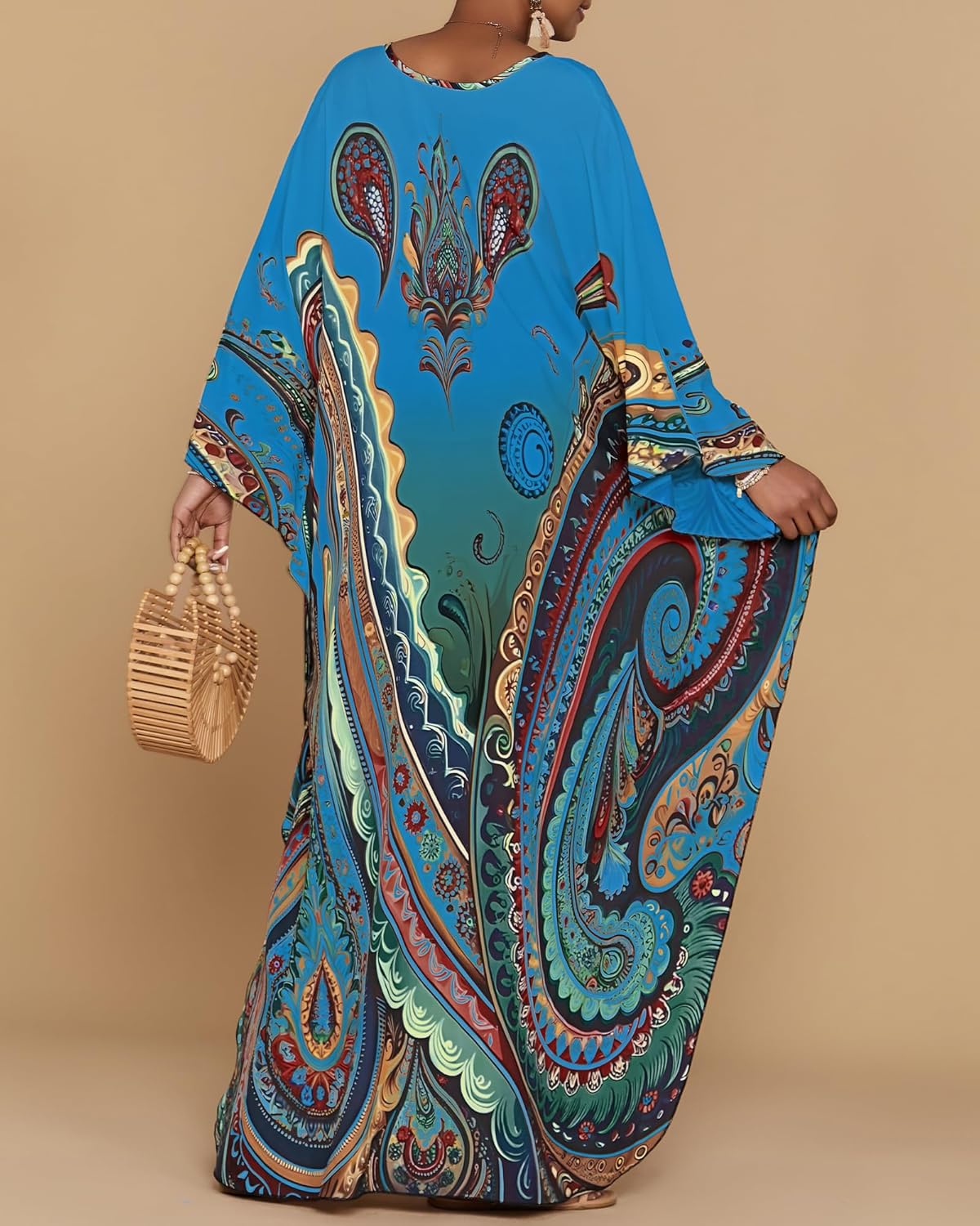 Bsubseach Kaftan Dresses for Women Ethnic Print Plus Size Beach Cover Ups Batwing Sleeve Caftans with Pockets - Image 5