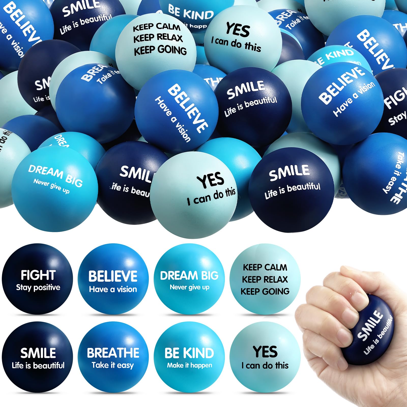 Liliful Motivational Stress Balls Bulk Inspirational Squeeze Balls for Adults Fidget Toys for Anxiety Relief Party Favors Employee Appreciation Gifts Classroom Rewards 2.2 Inch(48 Pcs,Blue)