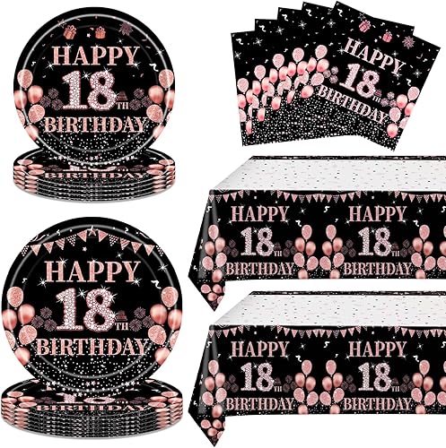 62 decoraciones de cumpleaños número 18 para niñas y ella, suministros de fiesta de cumpleaños de oro rosa incluyen 20 platos de 7 pulgadas, 20