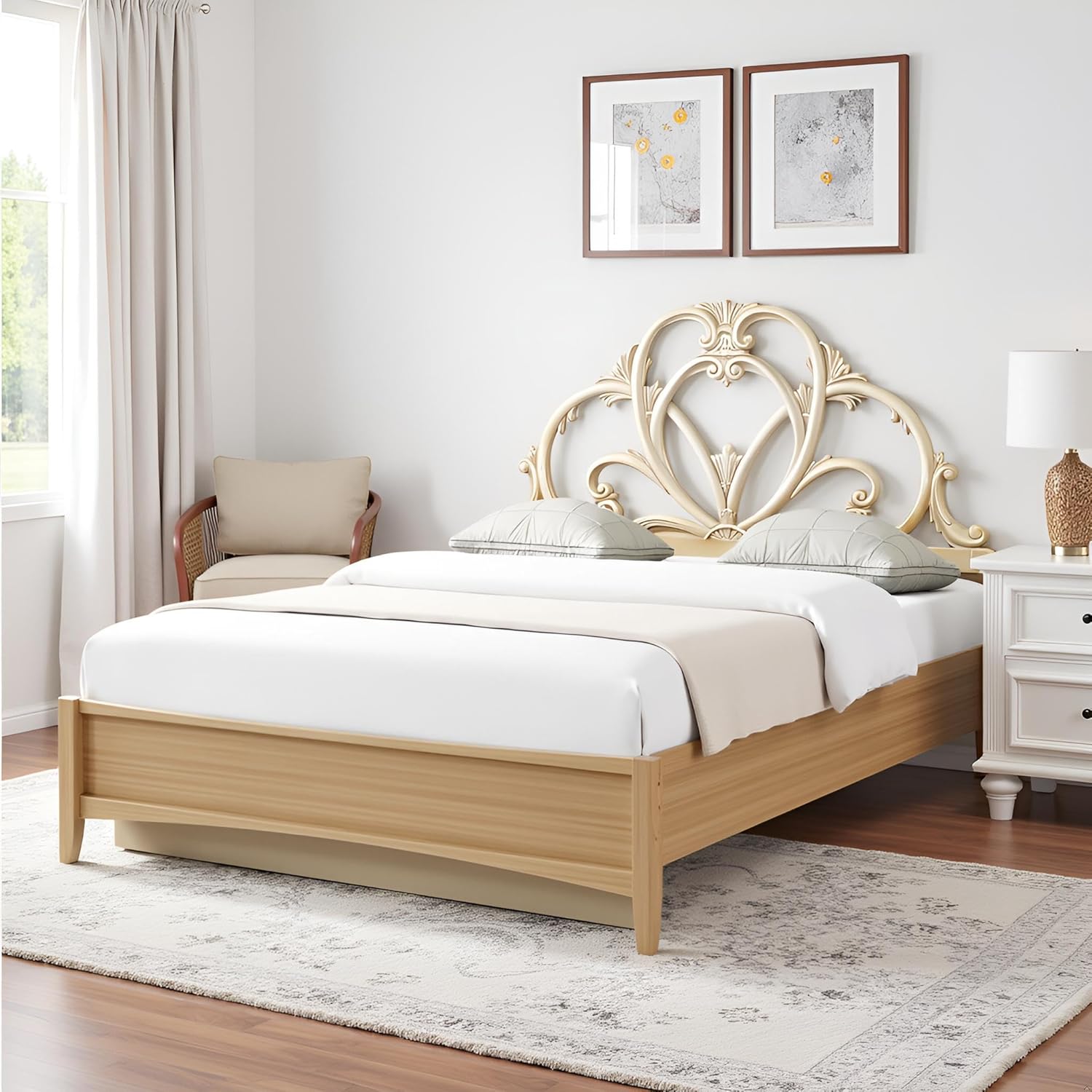 Hand Carved Bed Head Boho Home Bed Head Bedroom Art Flower Carved Mandala Headboard Wall Mounted Headboard Home Decor (Queen Size- 63x45x1 -inches) | Engineered Wood