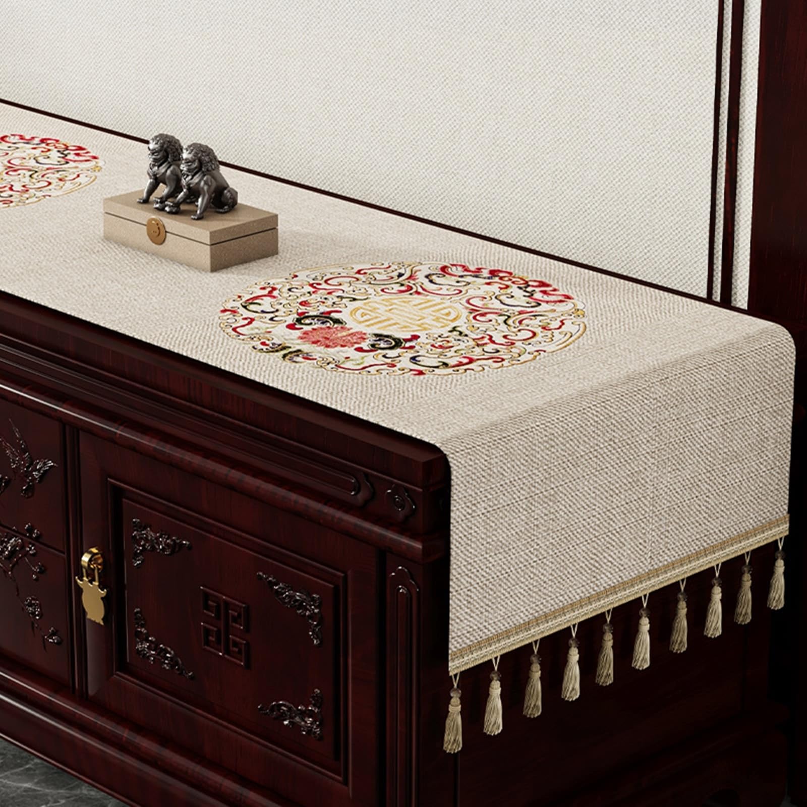 Tischläufer 80x240cm, Rechteckig Chinesischen Stil Bestickt Blumen Muster mit Quasten Tischläufern Polyester Table Runner Tischdecke Läufer Küche Tisch Dekoration Abwaschbar, Beige Weiß
