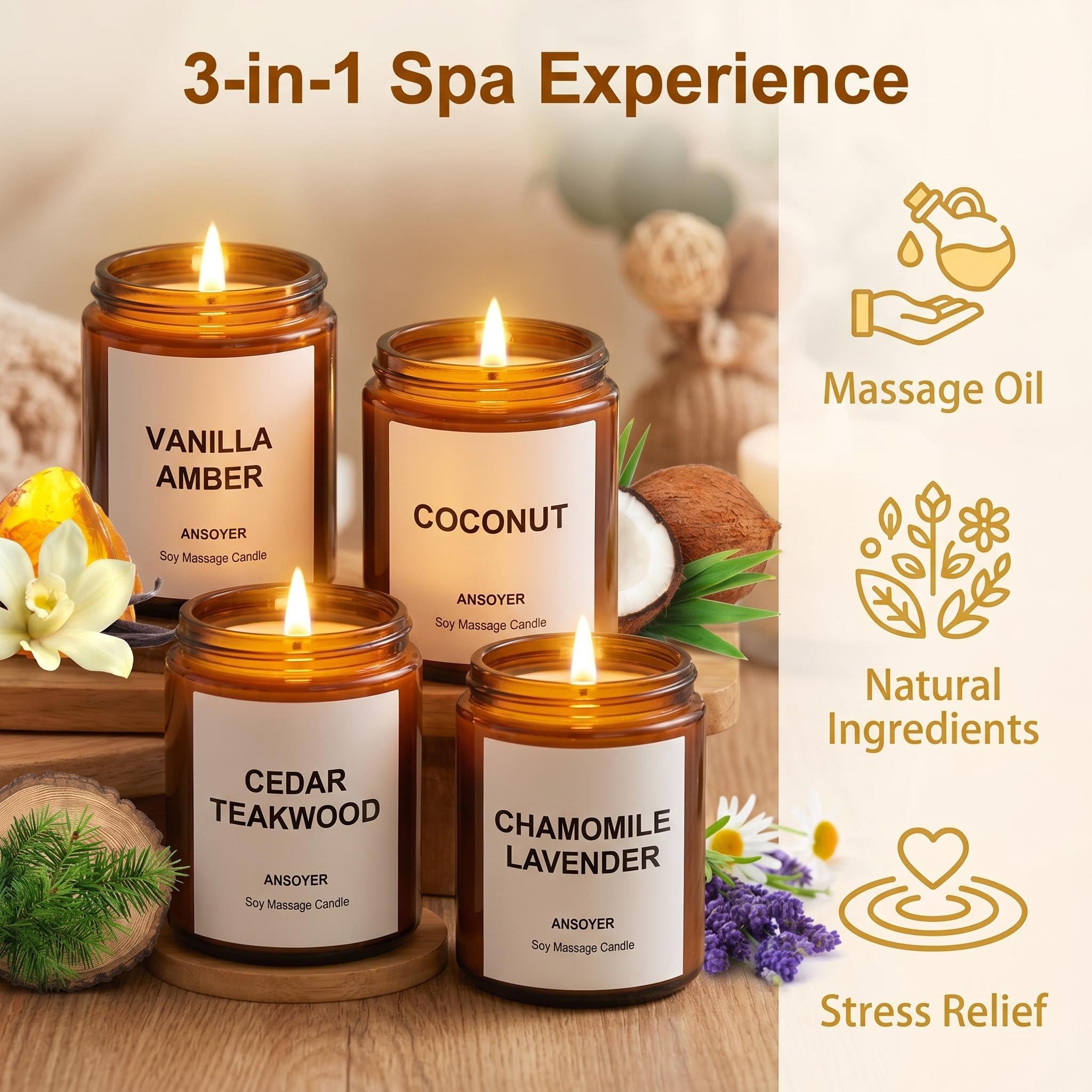 Pack de 4 Velas de Masaje para Aceites y Cremas Corporales - 512g en Caja Regalo (Ámbar Vainilla+ Coco+ Madera de teca de cedro+ Manzanilla Lavanda)