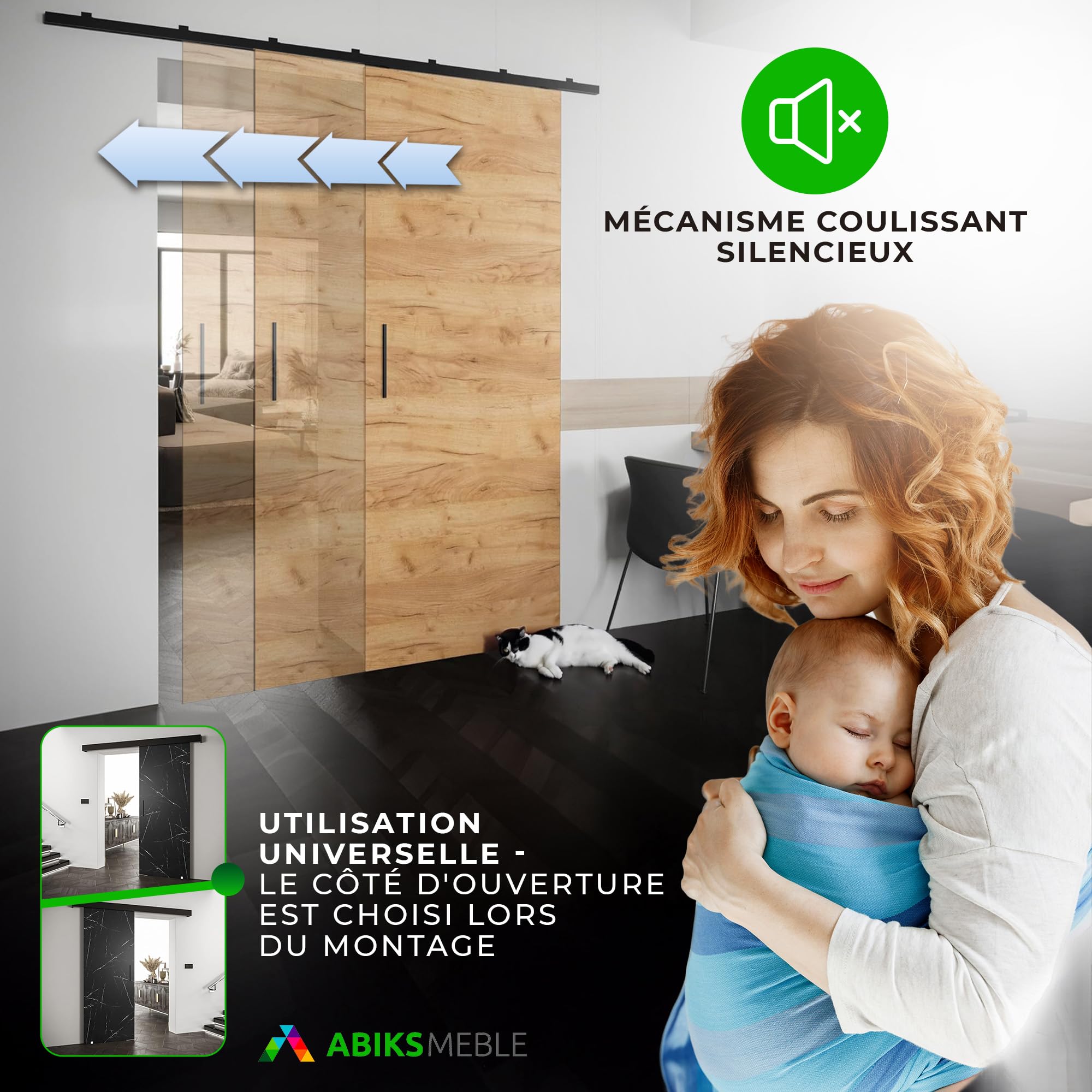 Rail porte coulissante Zonda Y - Porte coulissante interieur avec rail - 204x80 cm - kit porte coulissante - guide porte coulissante - avec poignée de porte - porte suspendue coulissante