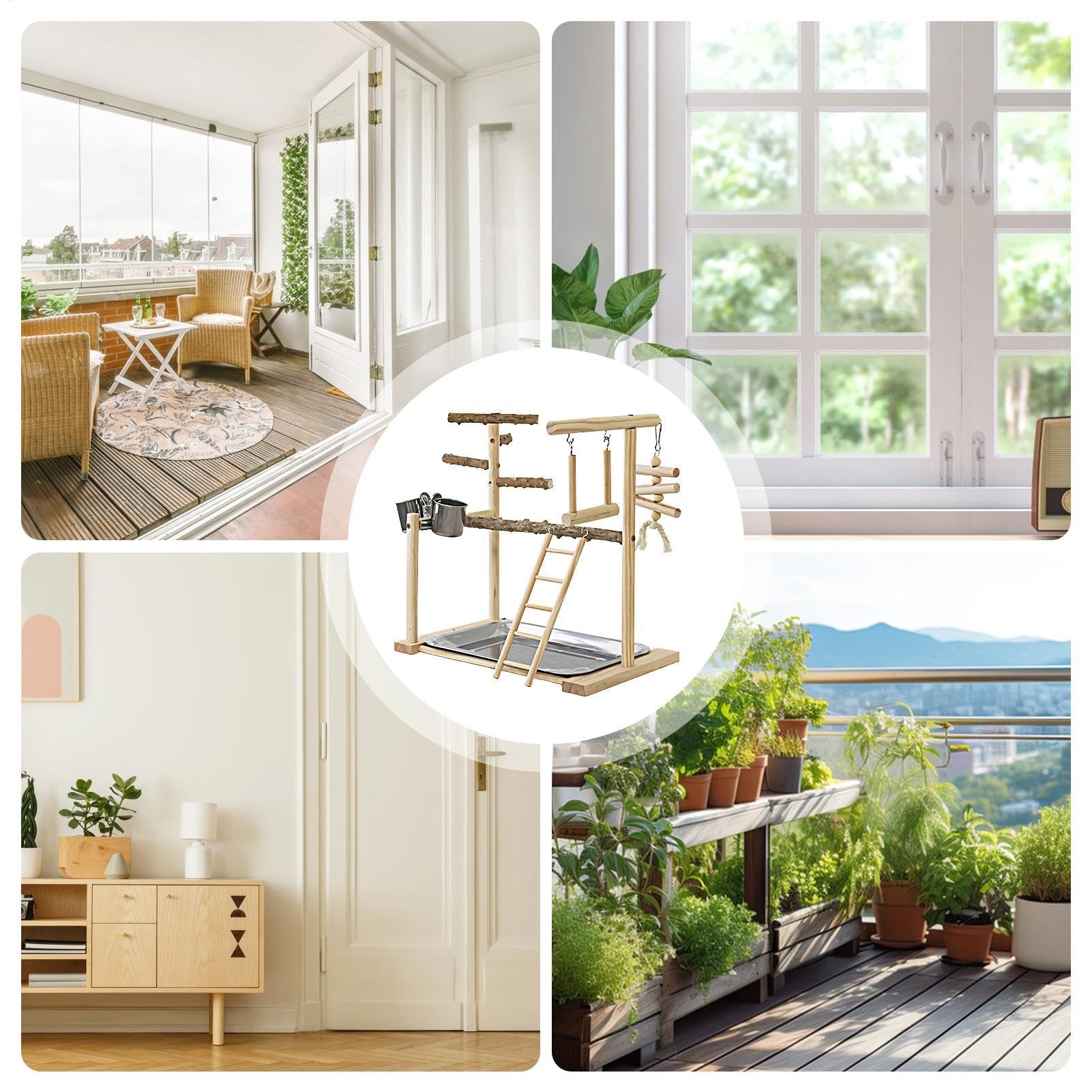Parque de Juegos para pájaros, Loros, Soporte de Madera para pájaros, Parque de Juegos para periquitos, con Taza de alimentación y Bandeja, Juguetes para pájaros, Juguete de Ejercicio para
