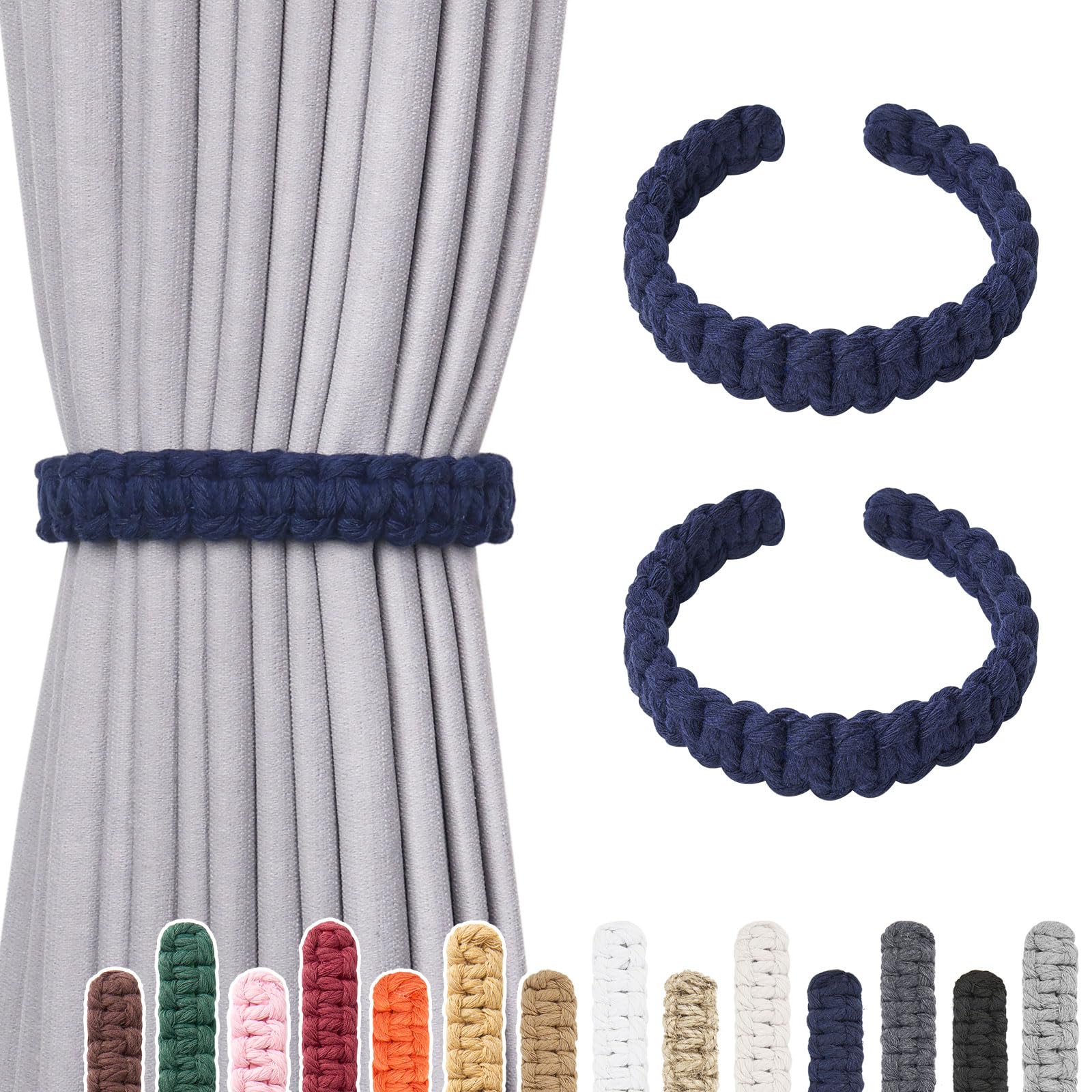 Pretty Jolly 2 Pack Natural Cotton Rope Curtain Tiebacks Farmhouse Rustic Style Decorative Drape Tie Backs Handmade Braided Curtain Holdbacks for Home Sheer/Light Weight Drapery (C-Dark Blue-L)