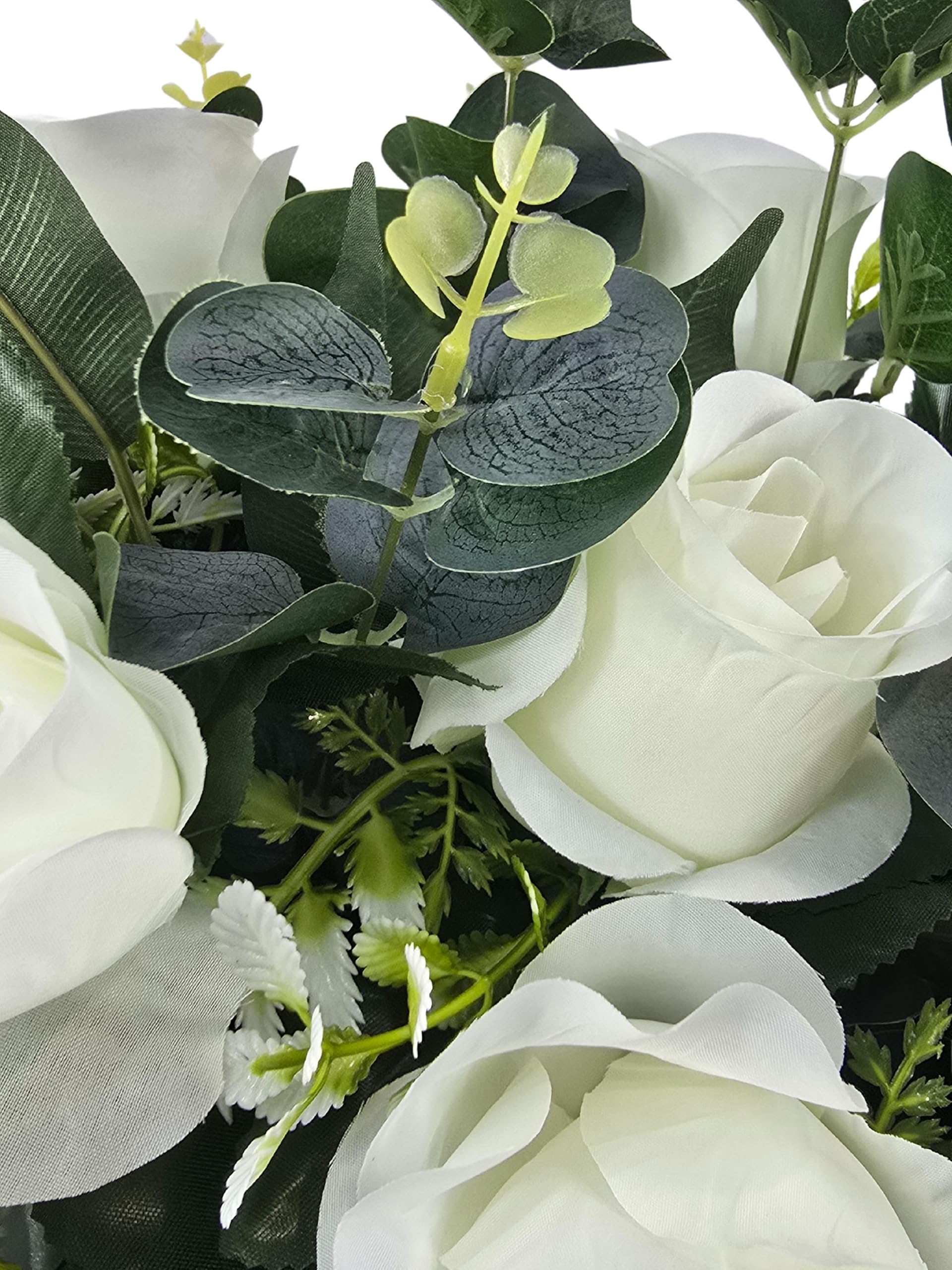 DRW Centro de Flores cojin Cementerio, procesiones, Iglesias Bodas o sepulturas Rosas Blancas y eucalipto Estilo Barco Artificiales 74x50x30