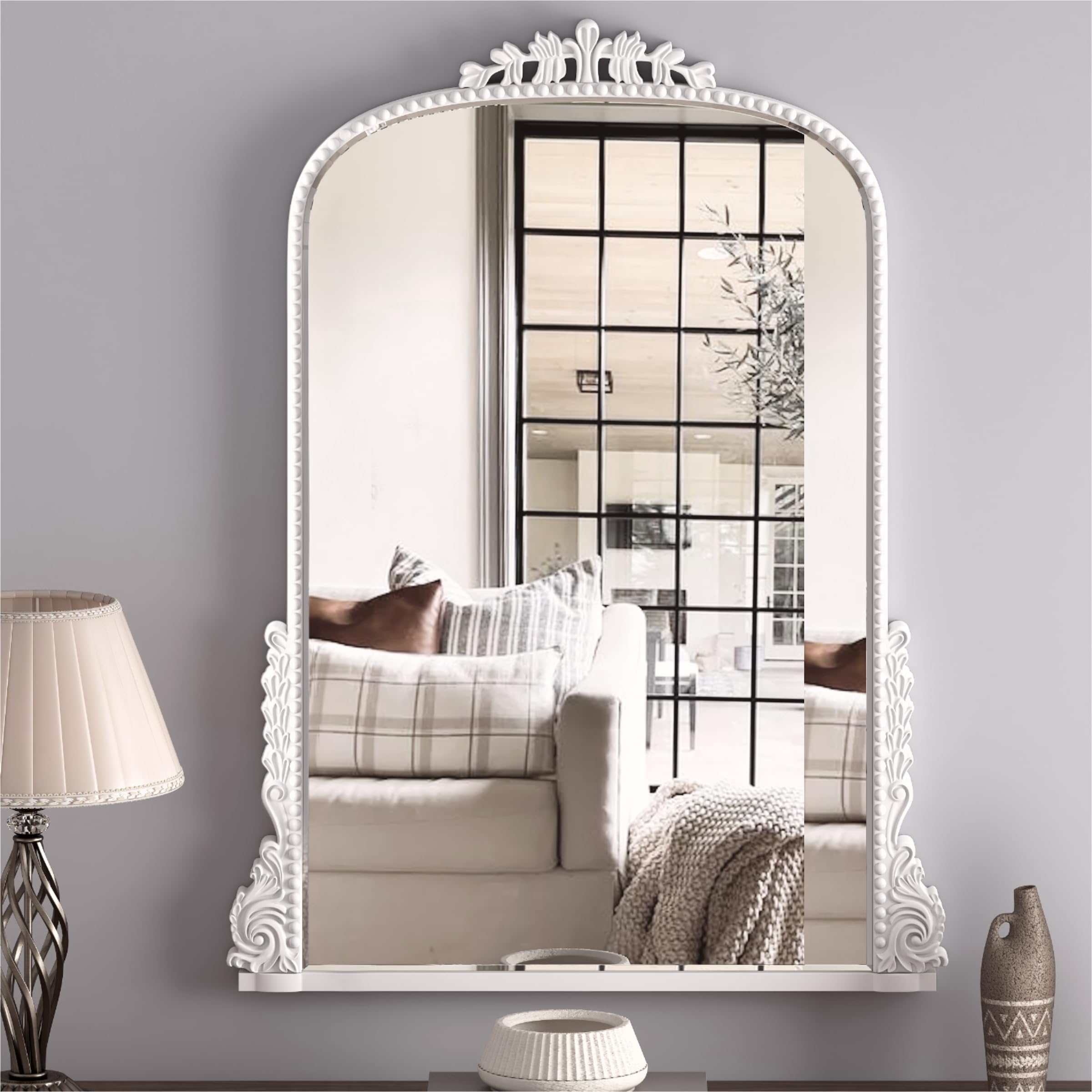 SHYFOY Antique Wall Mirror - White Baroque Arch Mirror for Wall Decor, 31.5" x 23.6" Decorative Mirror, Traditional Elegance for Living Room, Entryway, Mantel