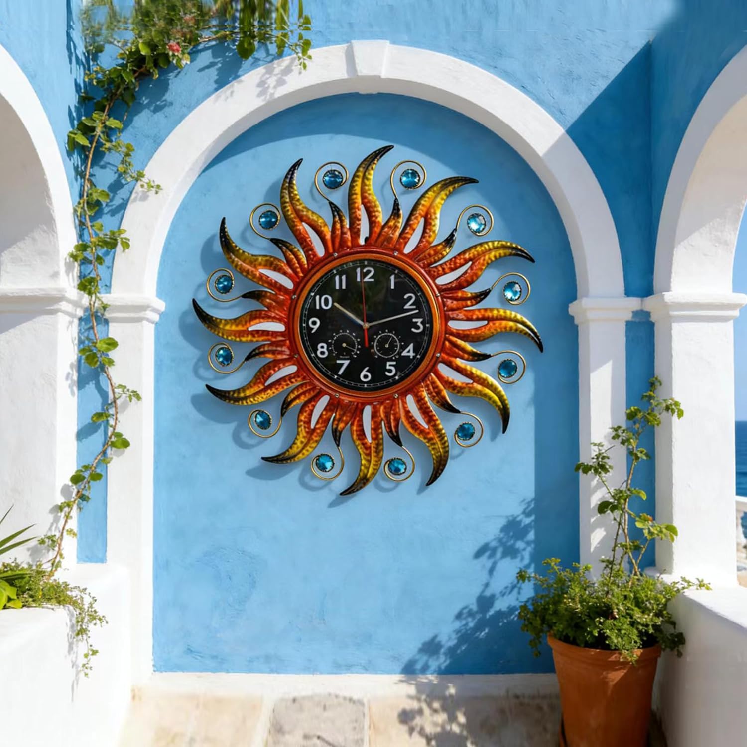 COOZZUHOUR 25 Inch Metal Sun Outdoor Shaped-Clock with Thermometer and Hygrometer Combo, Battery-Powered 10-inch Waterproof Dial and Silent Quartz Movement for Home Decorative Gifts(Orange)